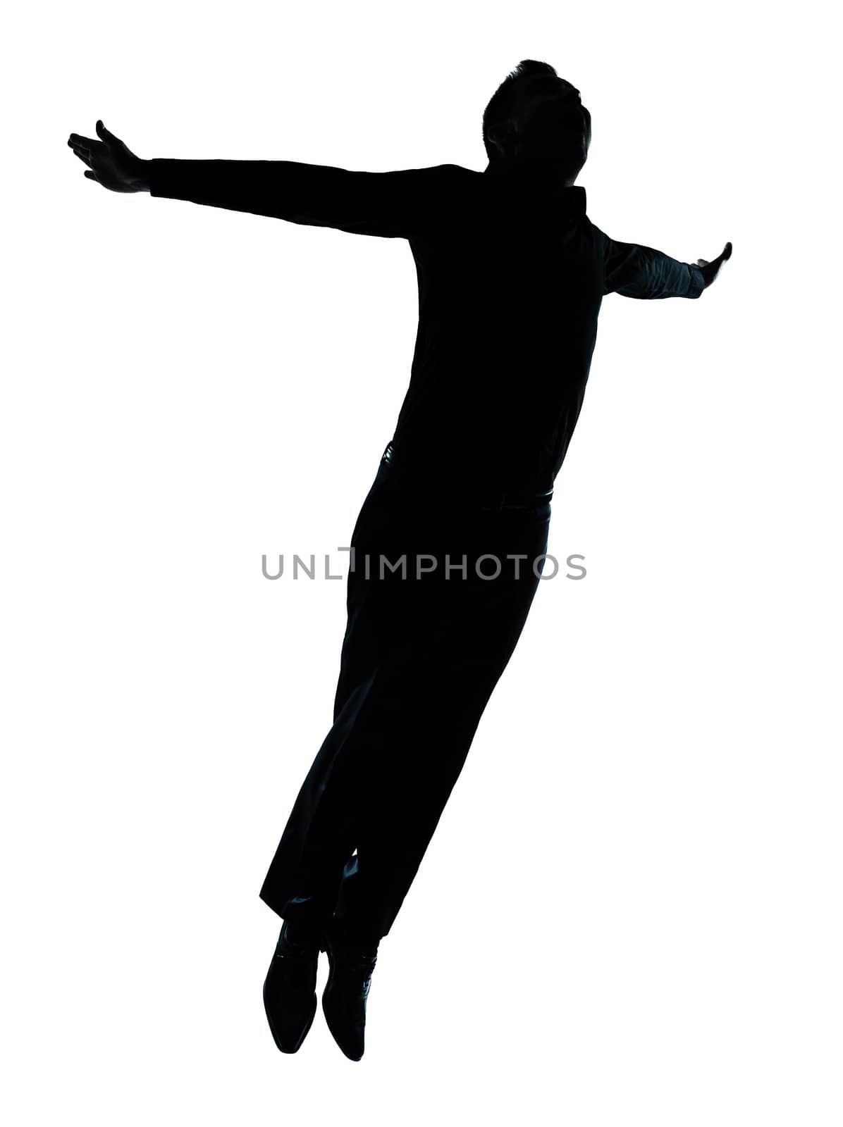 one caucasian business man  jumping flying wellness silhouette Full length in studio isolated on white background