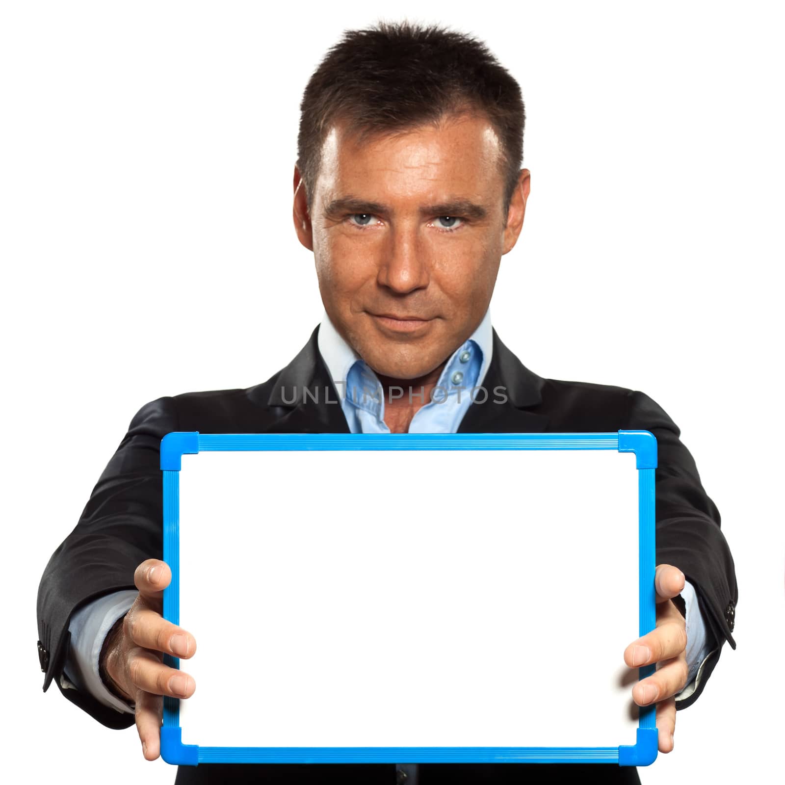 one business man holding showing whiteboard by PIXSTILL