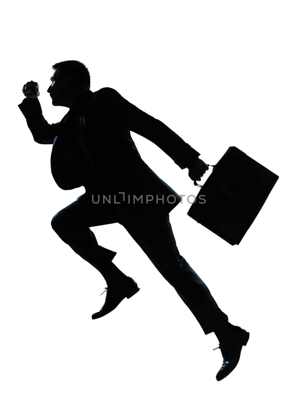 one caucasian business man jumping running  silhouette Full length in studio isolated on white background
