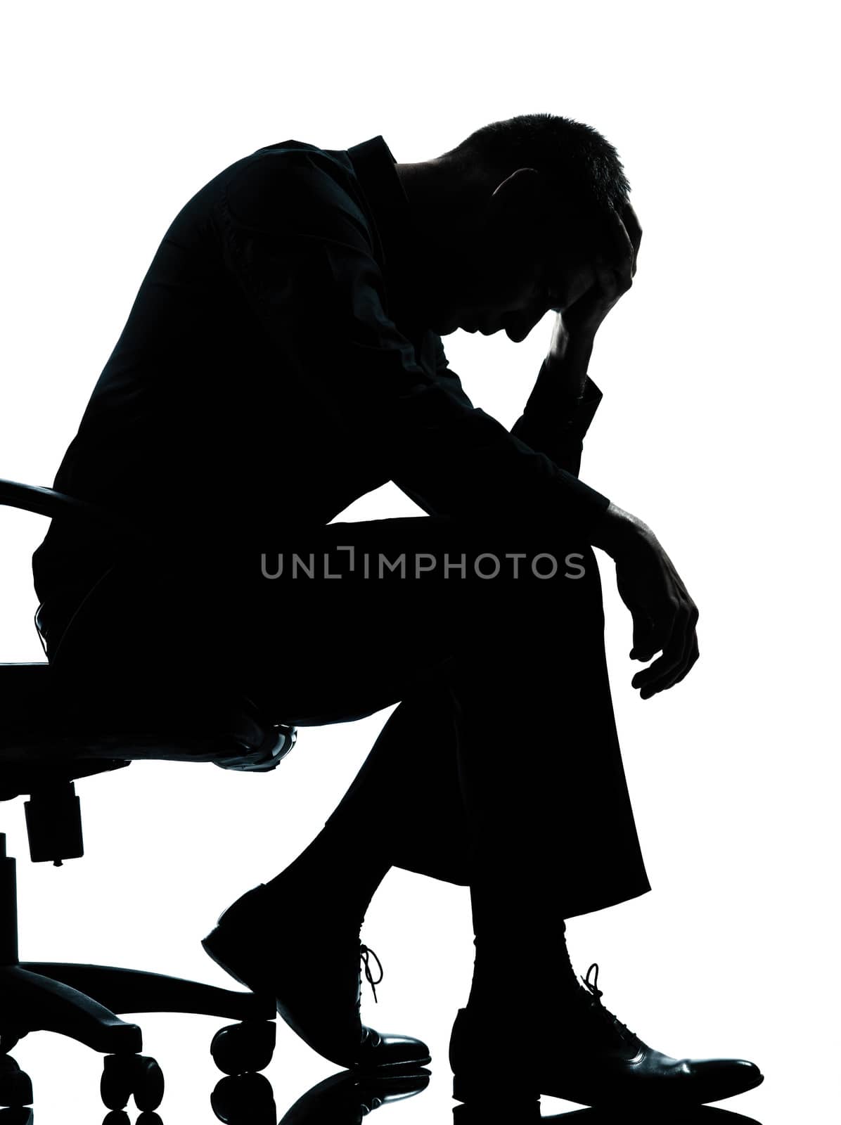 one caucasian business man tired sad despair silhouette Full length in studio isolated on white background