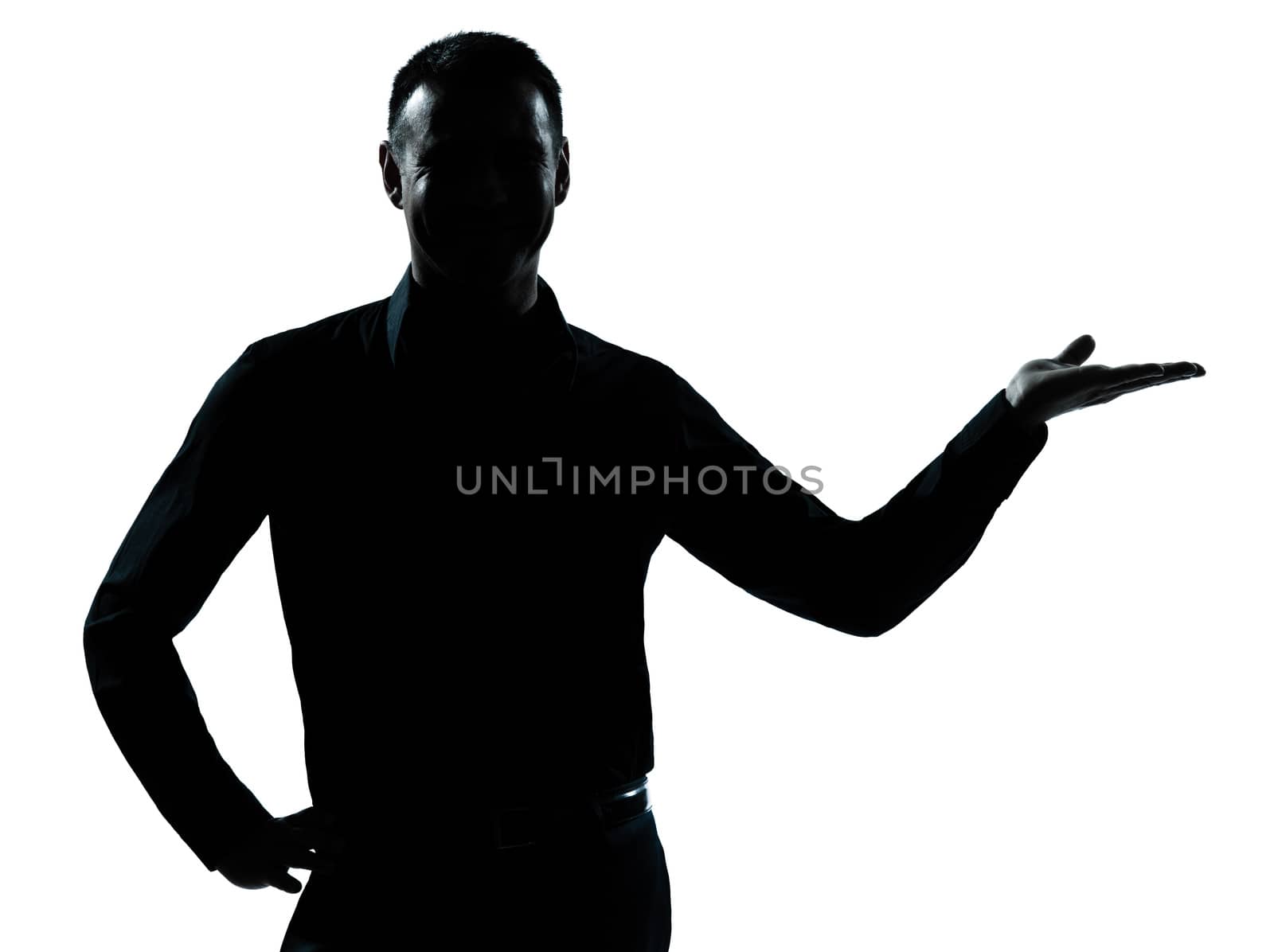 one caucasian business man hand open portrait silhouette in studio isolated on white background
