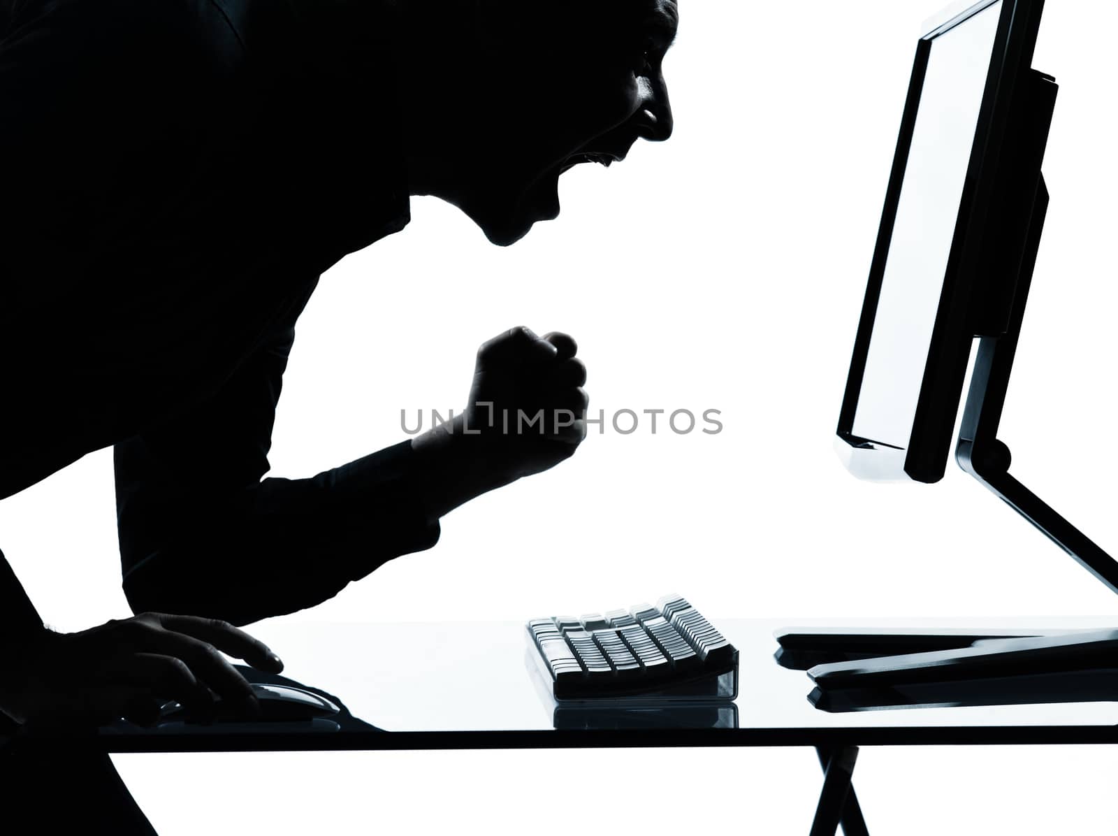 one caucasian business man computer computing happy portrait silhouette in studio isolated on white background