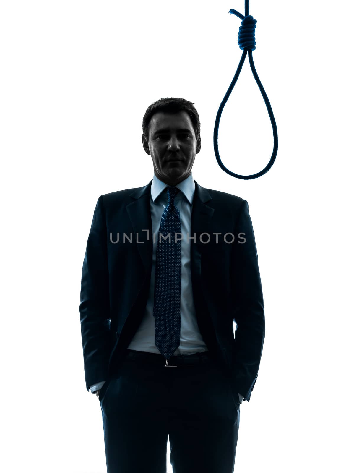 one caucasian man judge standing in front of hangman's noose in silhouette studio isolated on white background