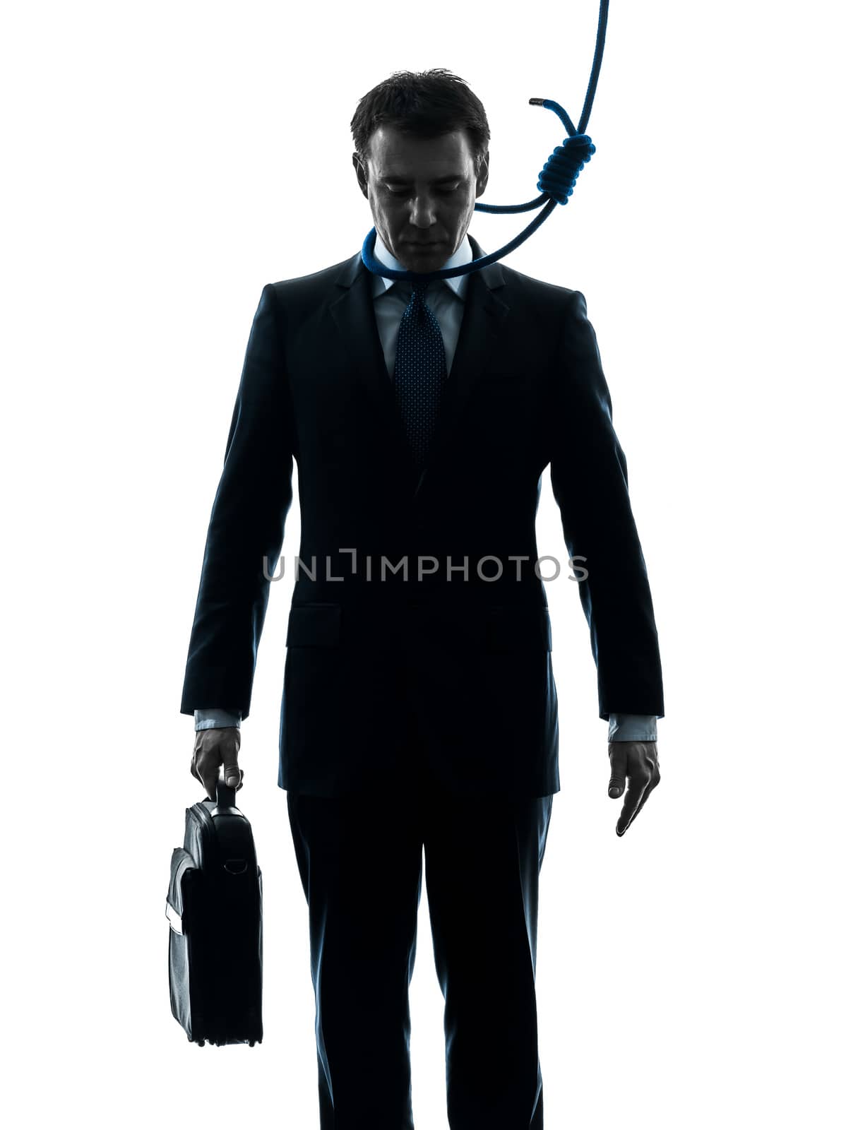 one caucasian business man with hangman noose around the neck  in silhouette studio isolated on white background