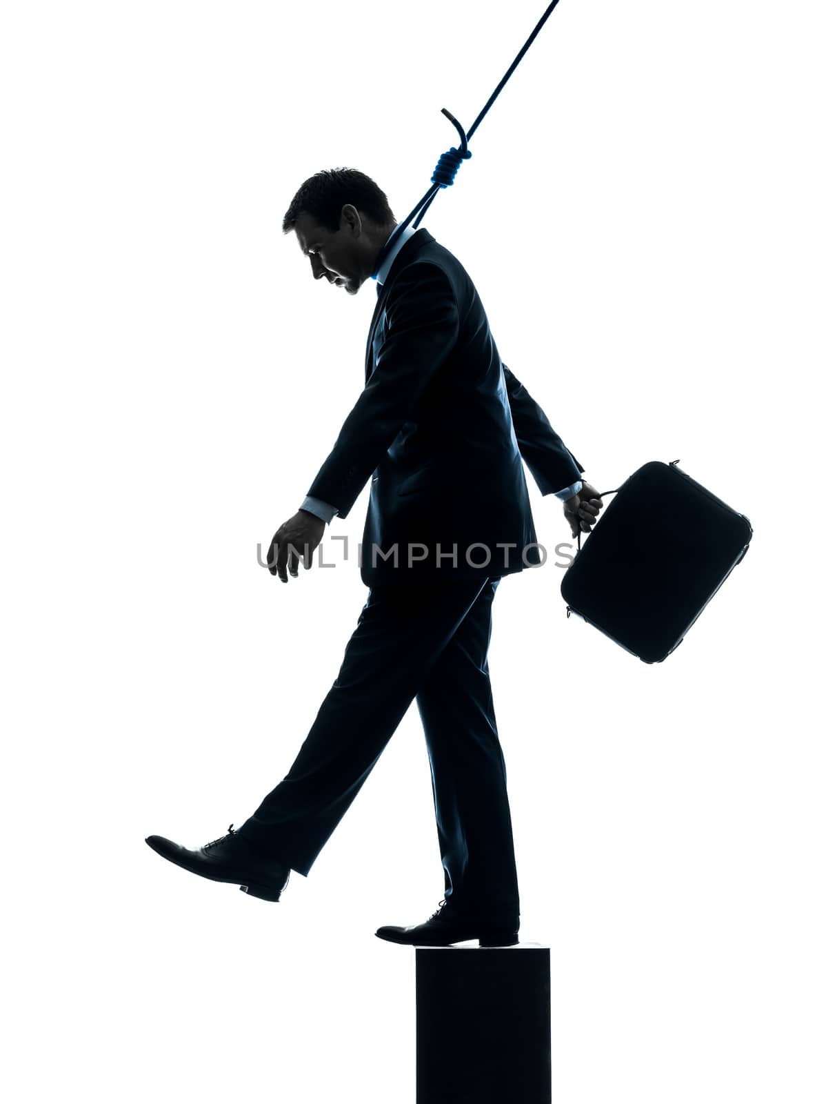 one caucasian man business man suicidal hanging  in silhouette studio isolated on white background