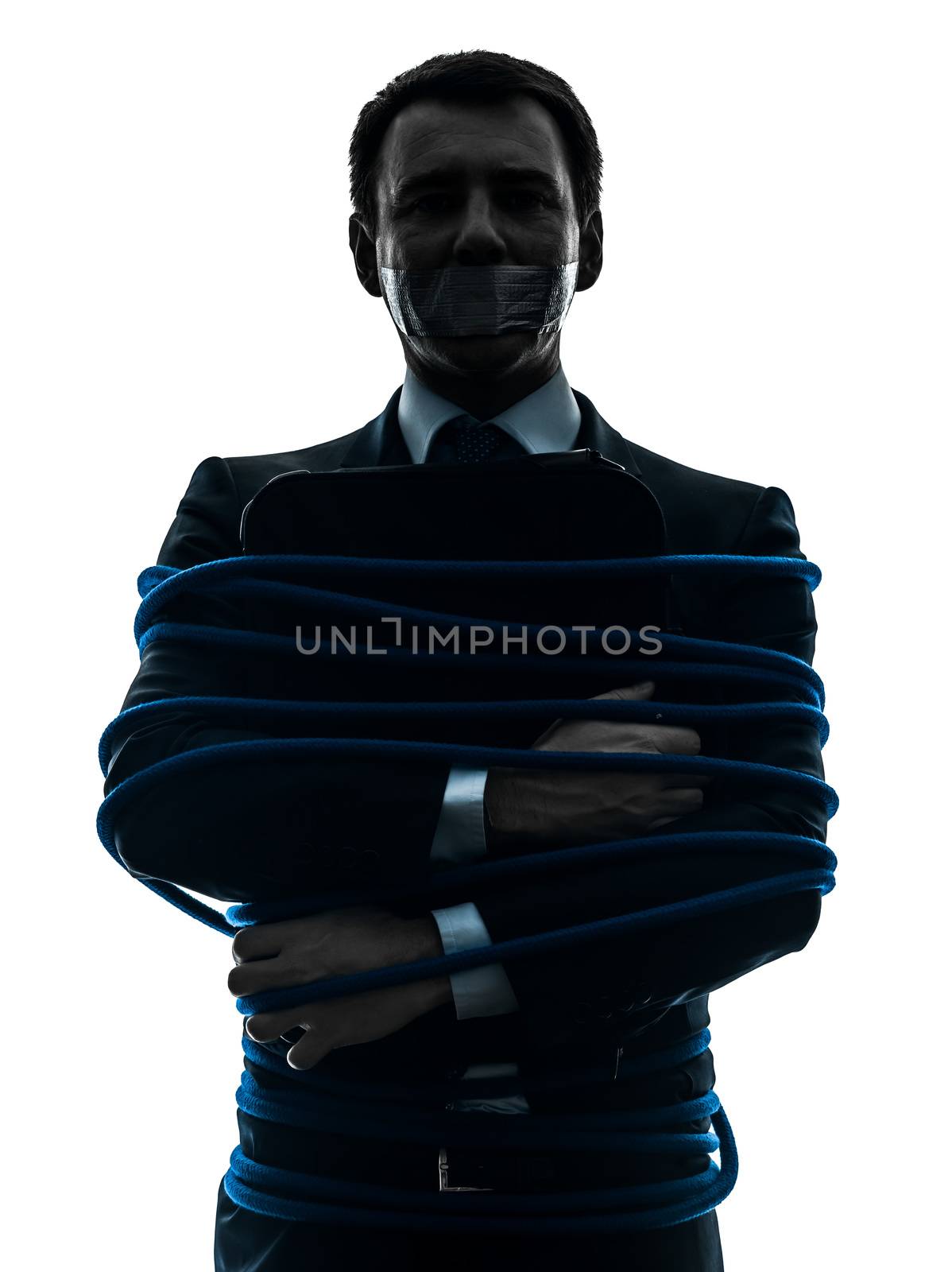 one caucasian business man tied up prisoner  in silhouette studio isolated on white background