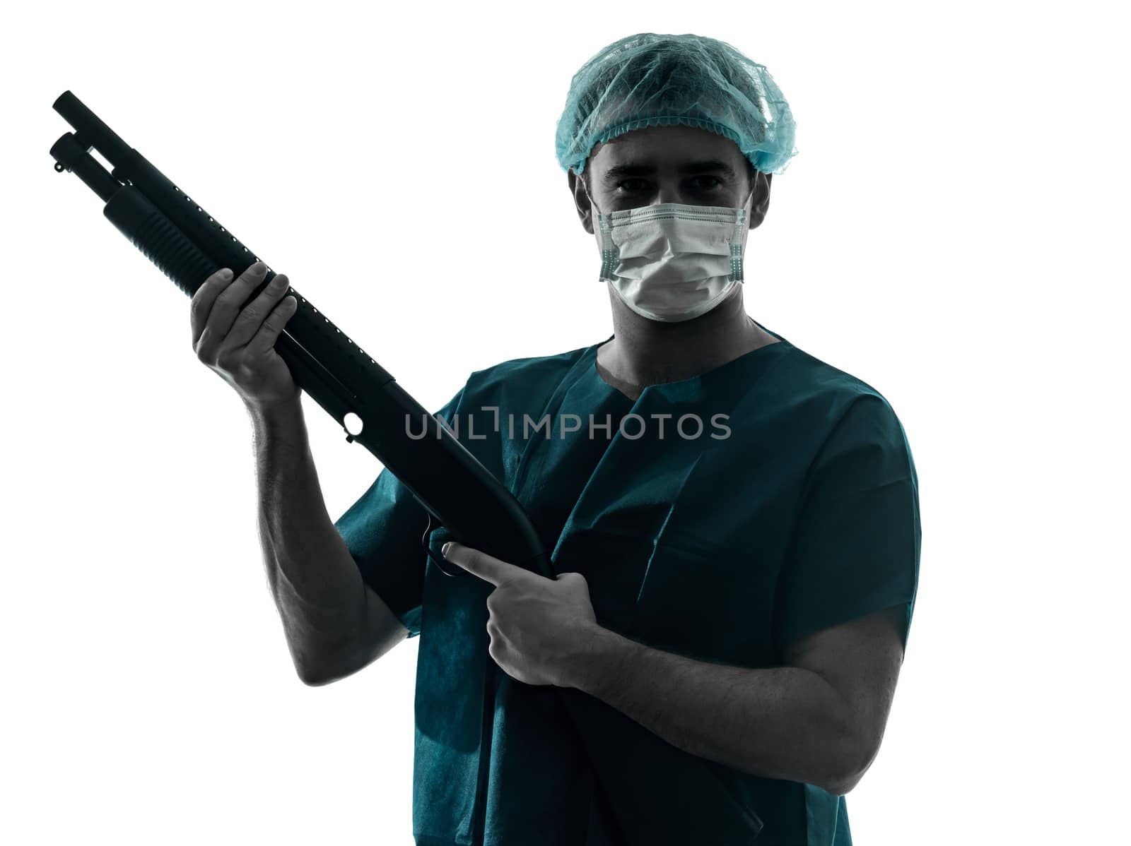 doctor surgeon man with face mask holding shotgun silhouette by PIXSTILL