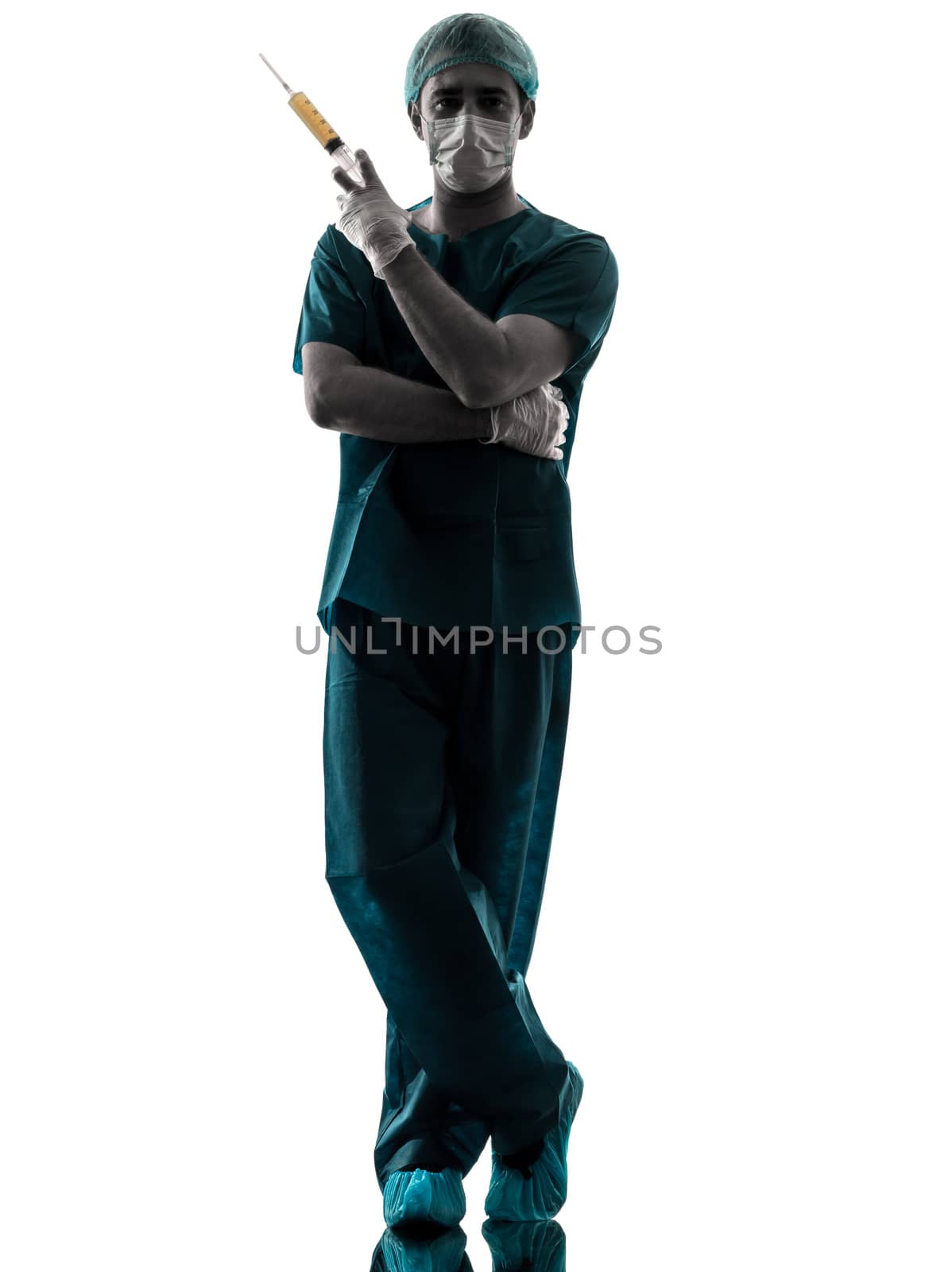 one caucasian doctor surgeon Anesthetist man holding surgery needle  silhouette isolated on white background