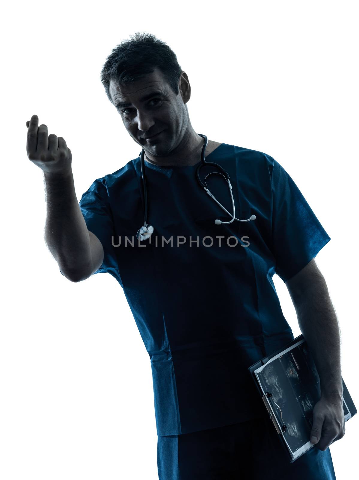 one caucasian man doctor surgeon medical worker portrait gesturing money  silhouette isolated on white background