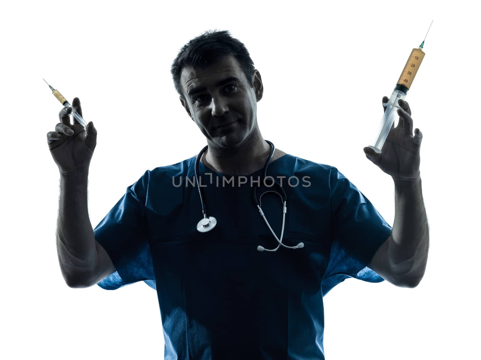 one caucasian man doctor surgeon medical worker holding hypodermic syringe  silhouette isolated on white background