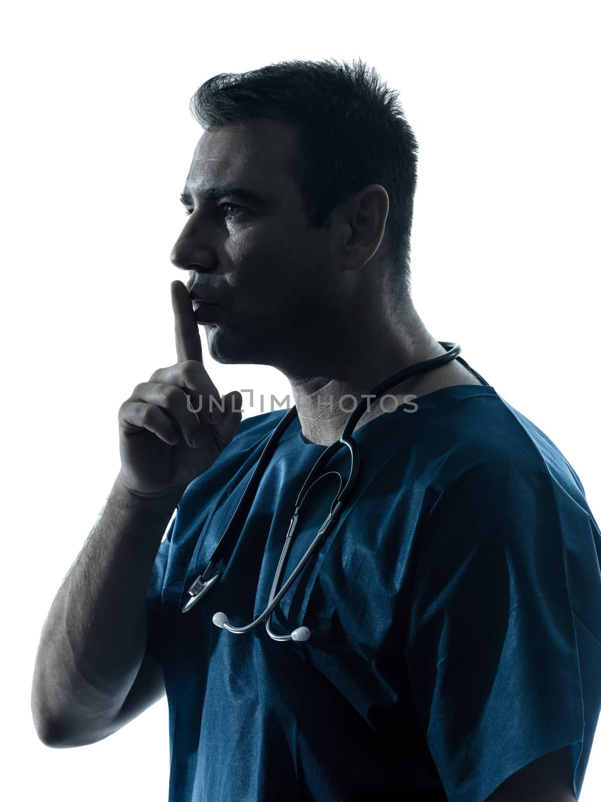 one caucasian man doctor surgeon hushing portrai medical worker silhouette isolated on white background