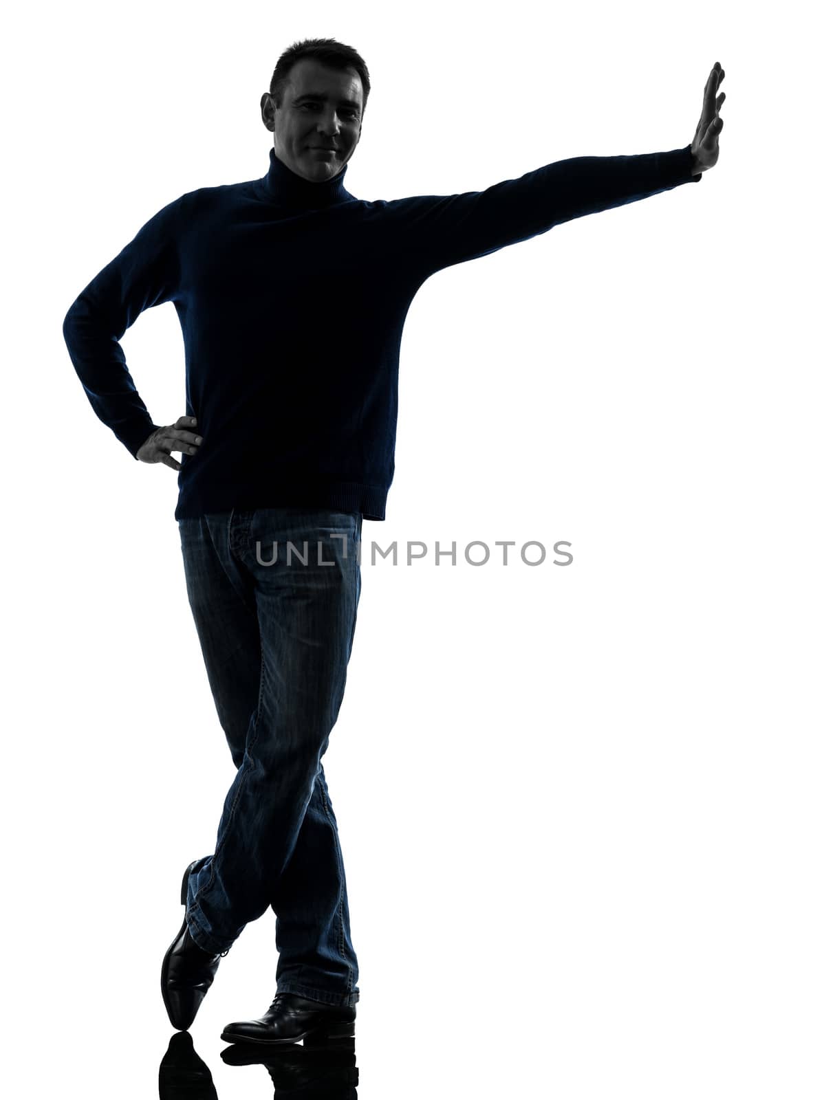 man leaning smiling friendly silhouette full length by PIXSTILL