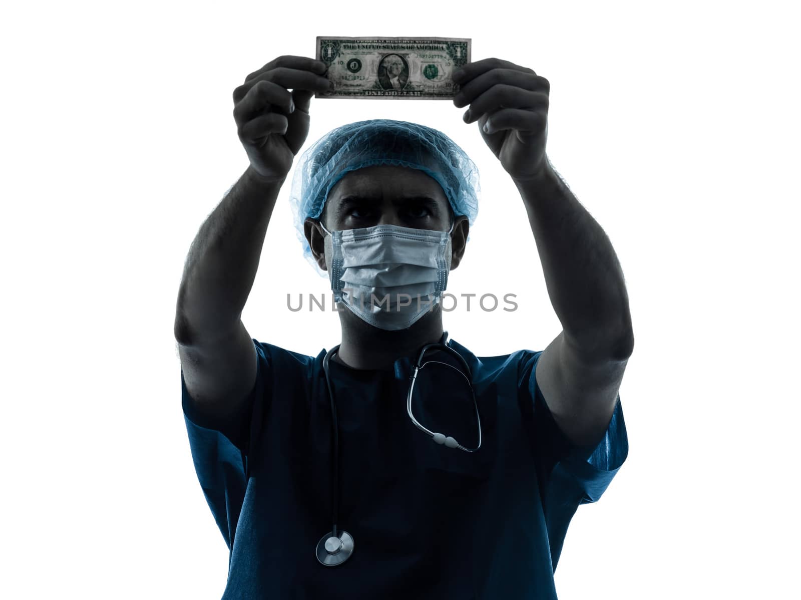 one caucasian man doctor surgeon medical worker  dollar bill  silhouette isolated on white background