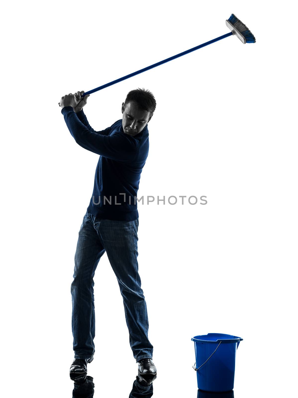 man janitor brooming cleaner golfing silhouette full length by PIXSTILL