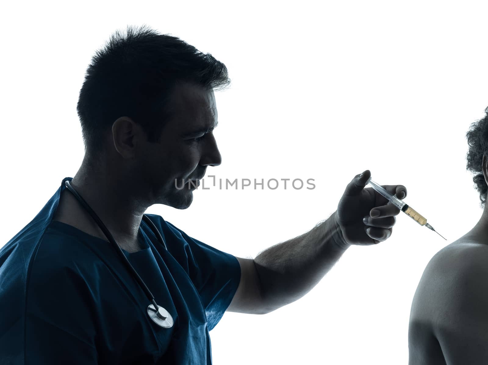 one caucasian man doctor surgeon medical worker holding hypodermic syringe  silhouette isolated on white background