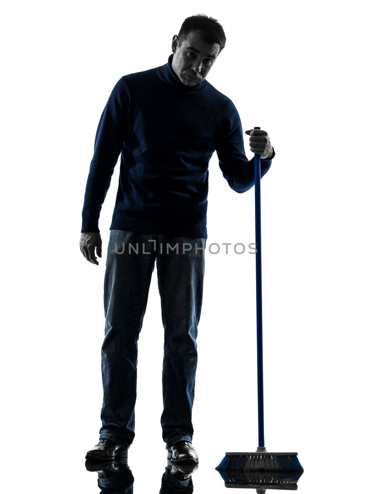 one caucasian man janitor brooming cleaner boredom full length in silhouette studio isolated on white background