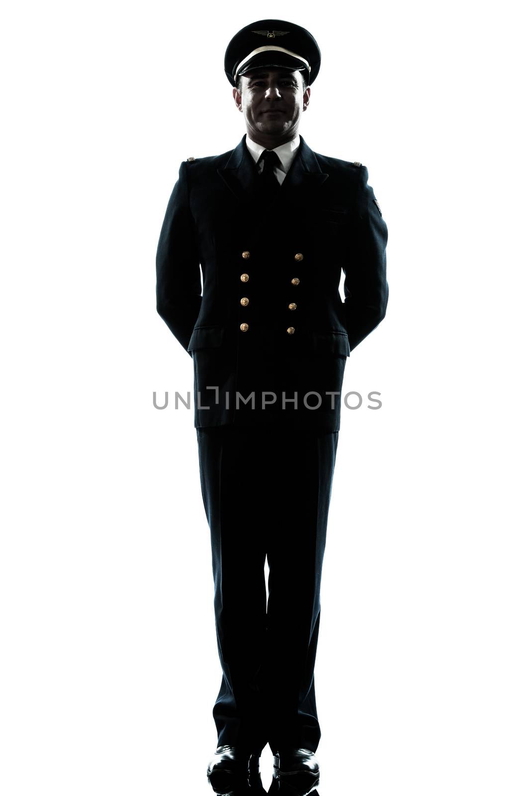 one caucasian man in airline pilot uniform  in studio isolated on white background