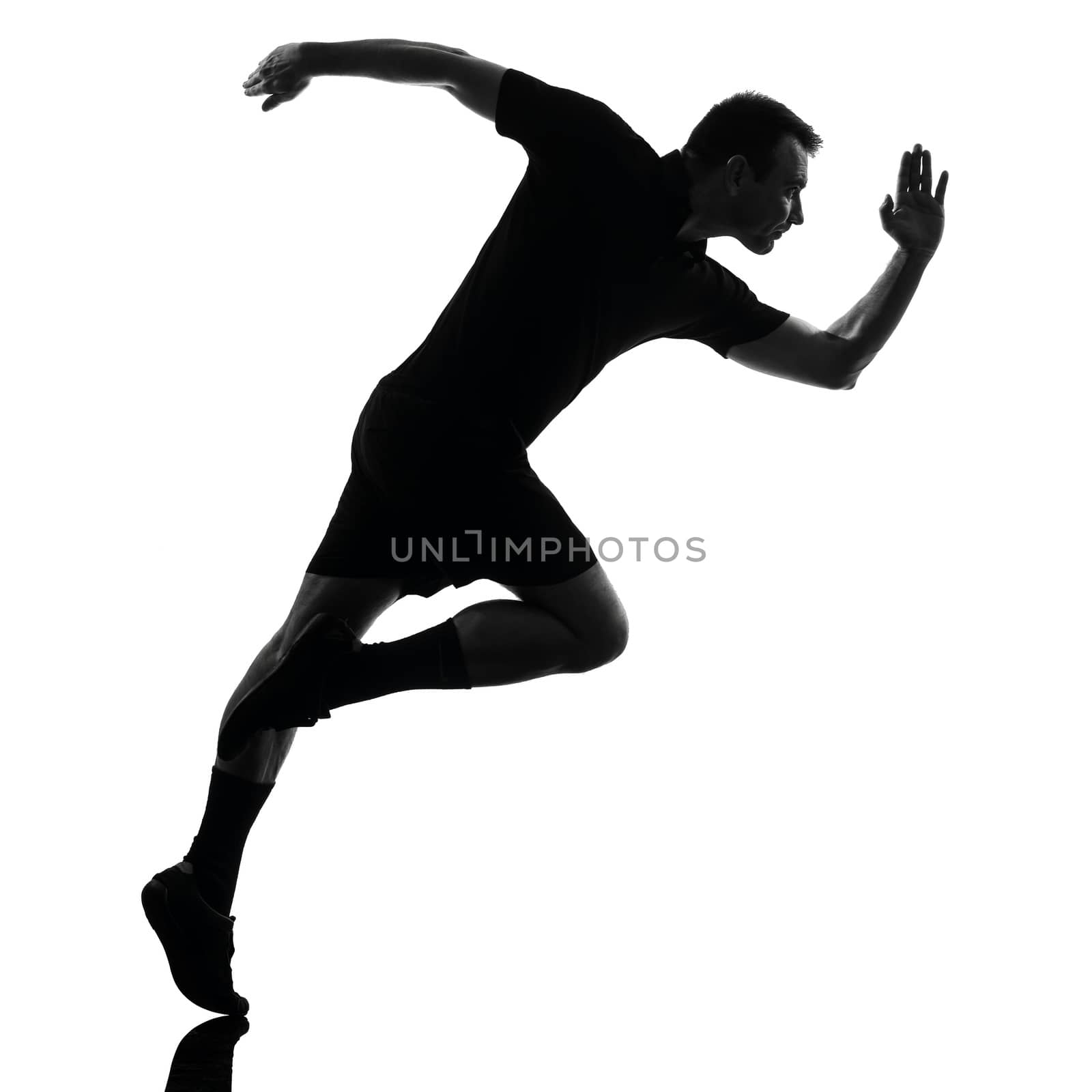 one man runner running in studio silhouette isolated on white background