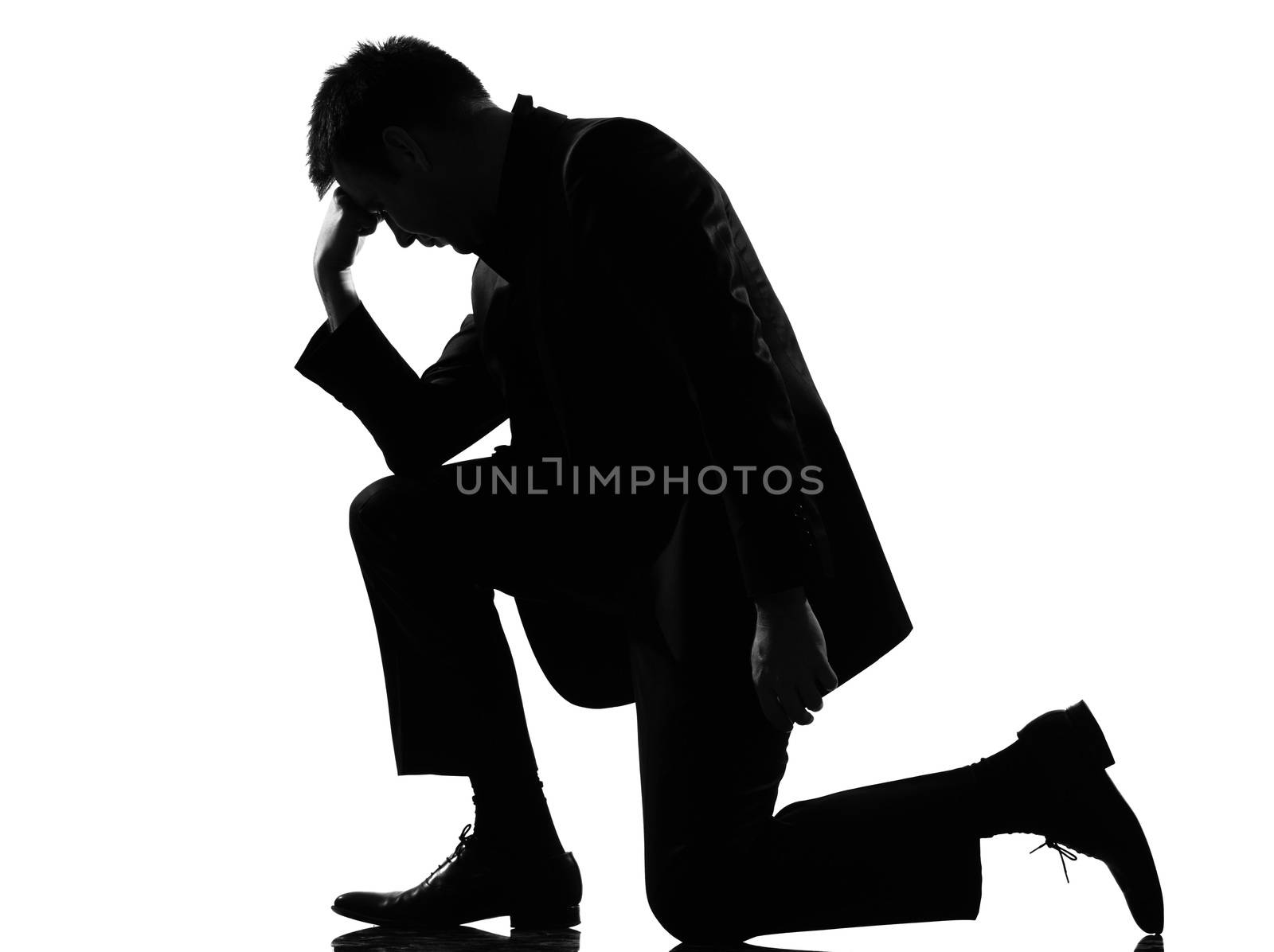 silhouette caucasian business man  expressing fatigue despair tired behavior full length on studio isolated white background