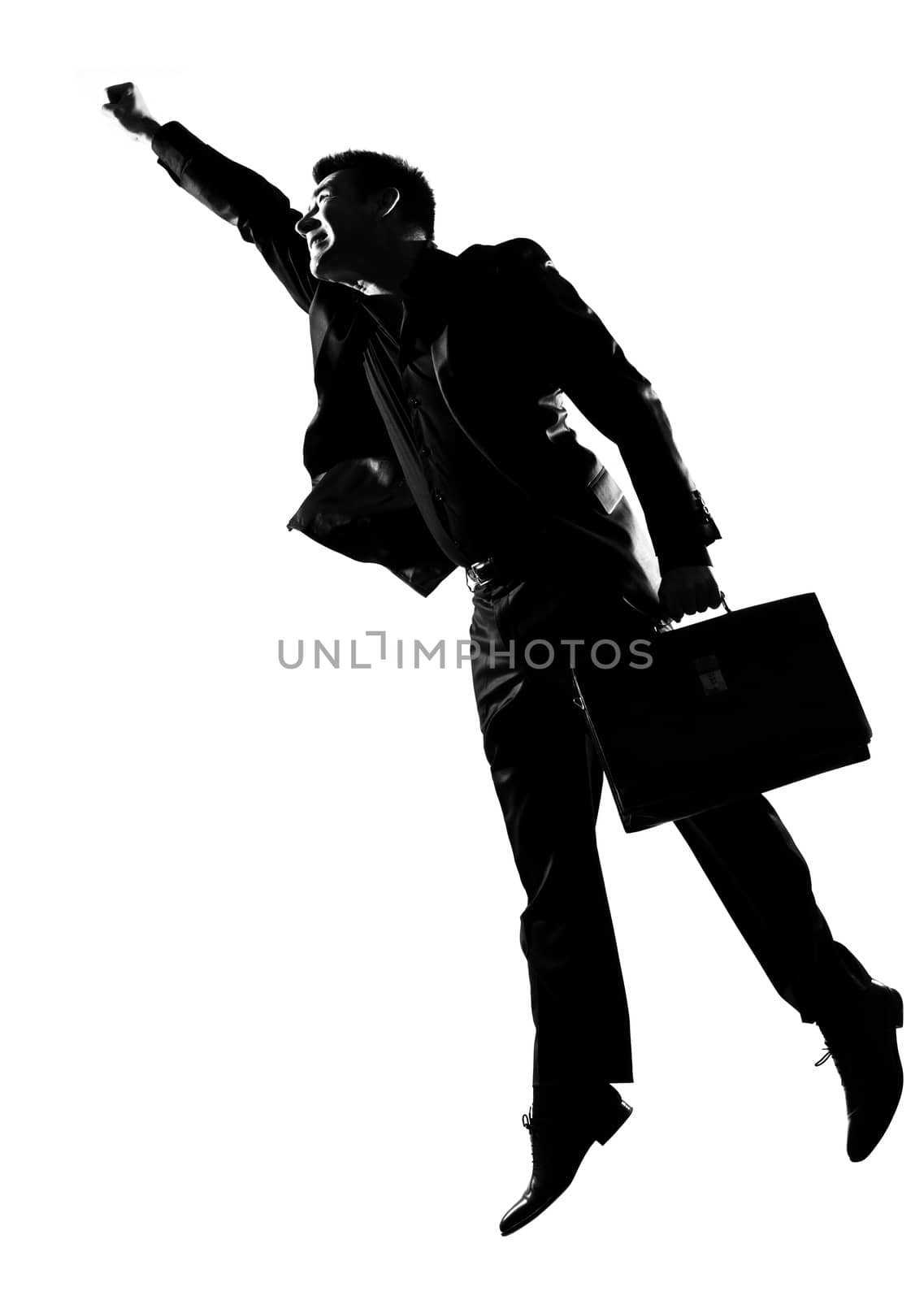 silhouette caucasian business man  expressing winning enenrgy winner happy success  full length on studio isolated white background