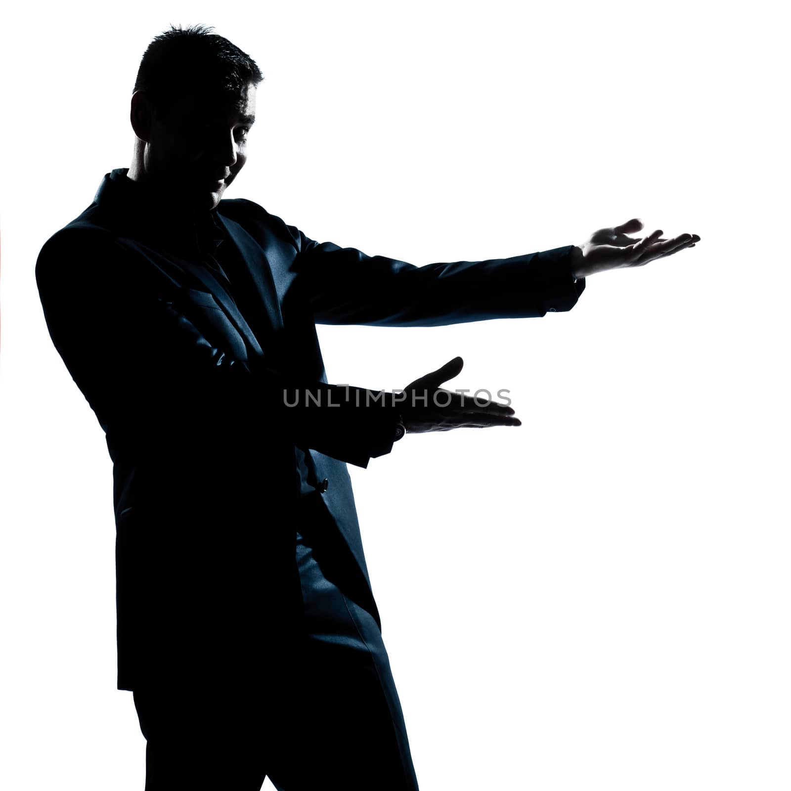 one caucasian man portrait showing pointing empty copy space silhouette in studio isolated white background