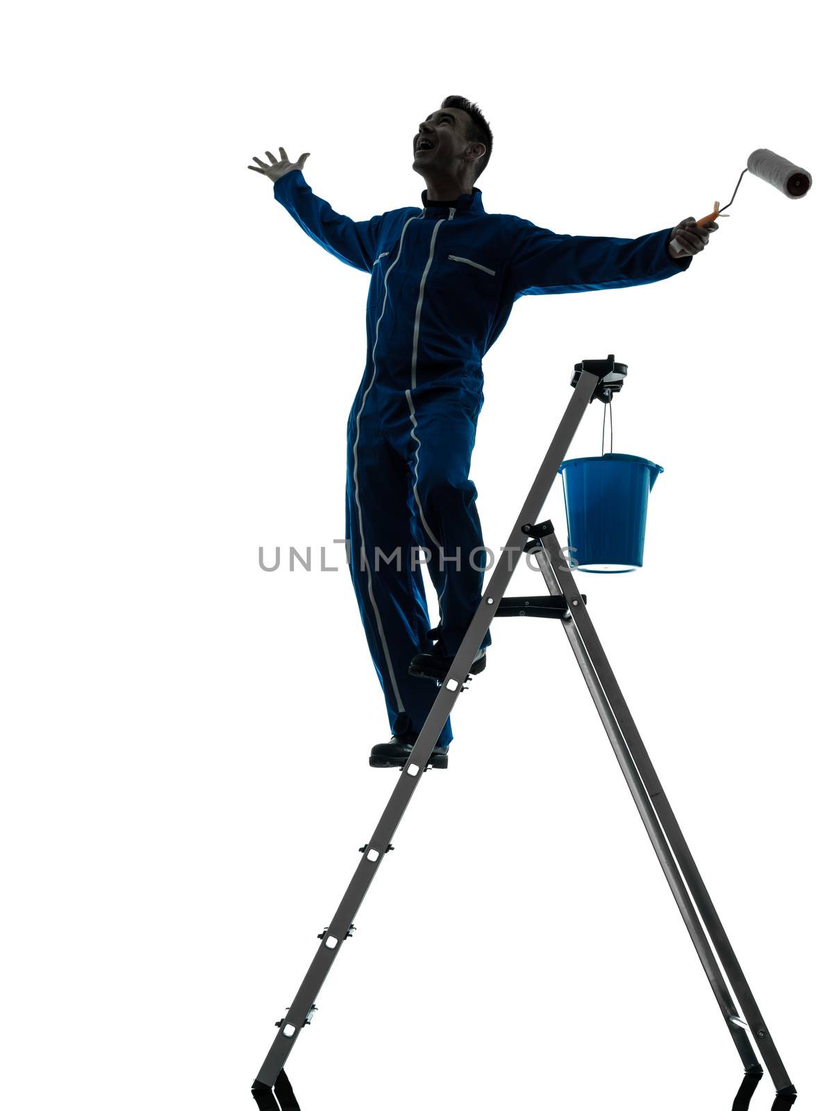 one caucasian man house painter worker silhouette in studio on white background