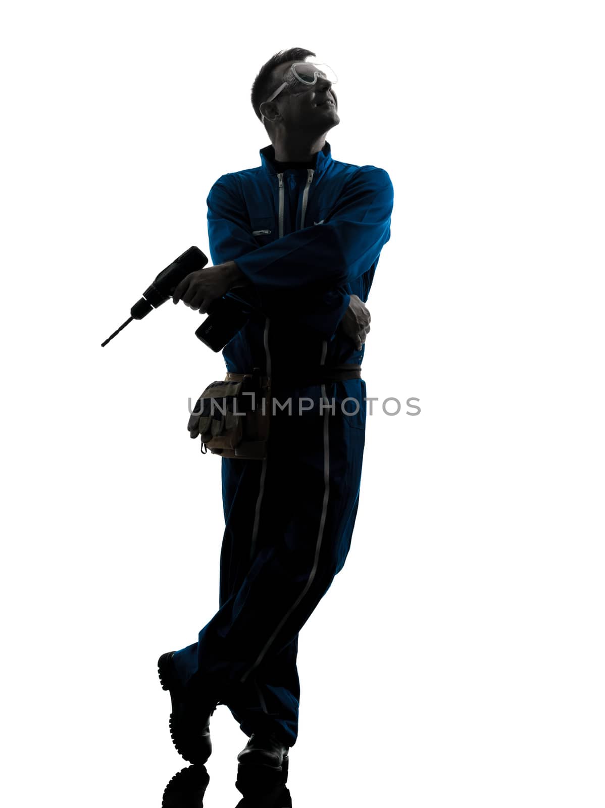 one caucasian man construction worker satisfied looking up silhouette in studio on white background
