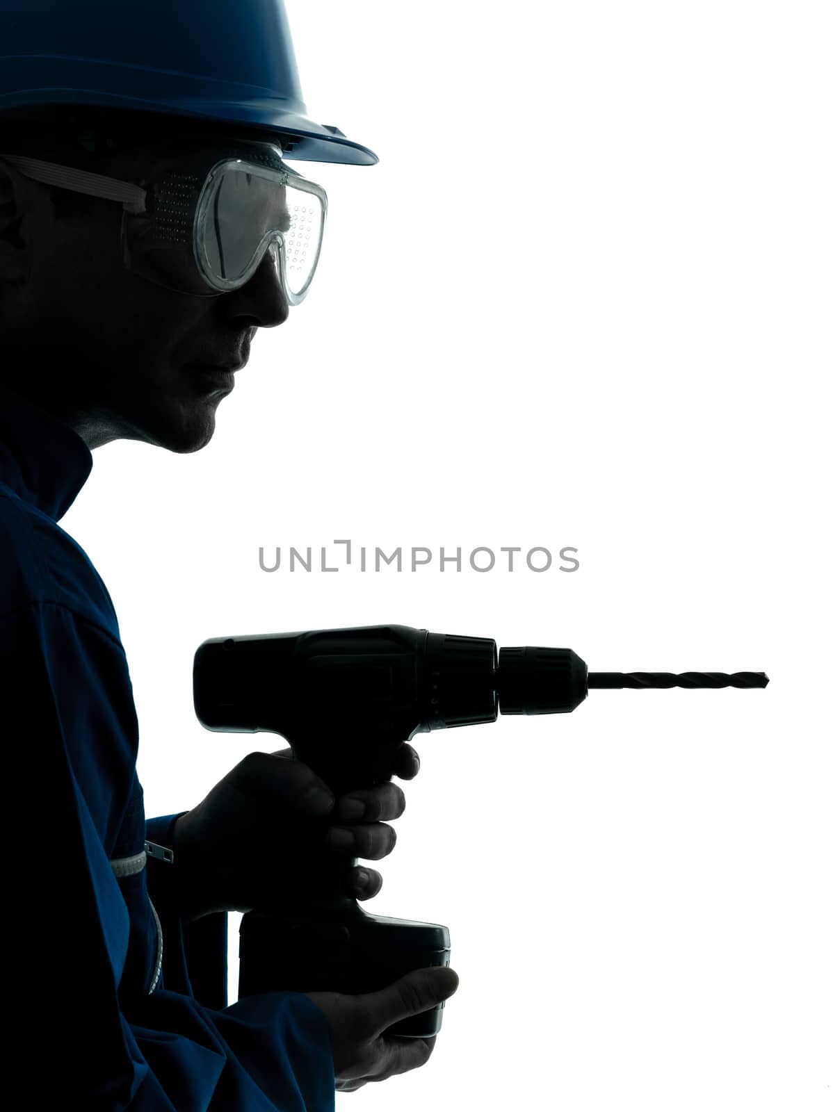 man construction worker holding drill silhouette by PIXSTILL