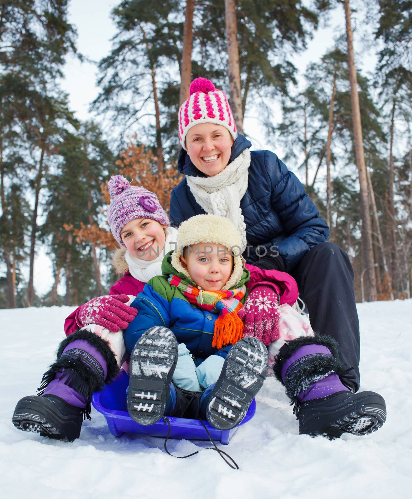 Two kids with mother is sledging in winter-landscape