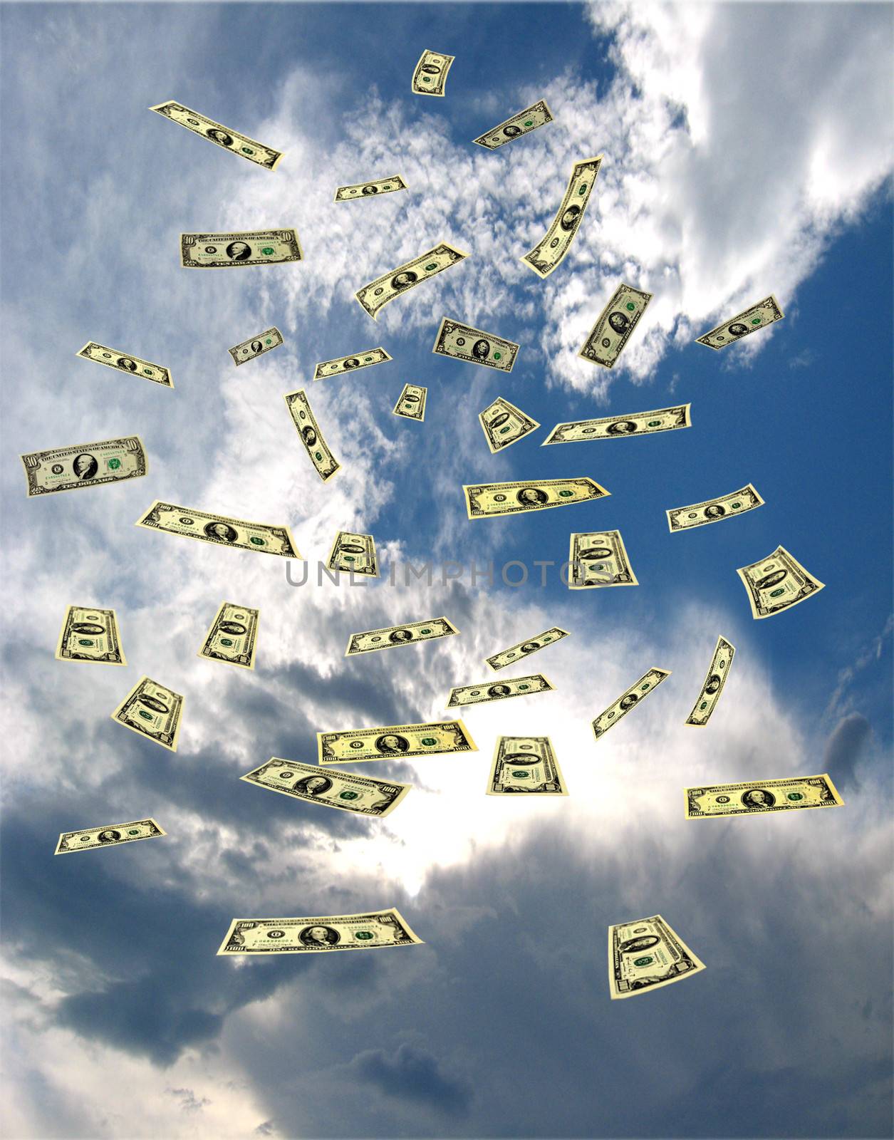 dollar banknotes flying away in the sky by alexmak