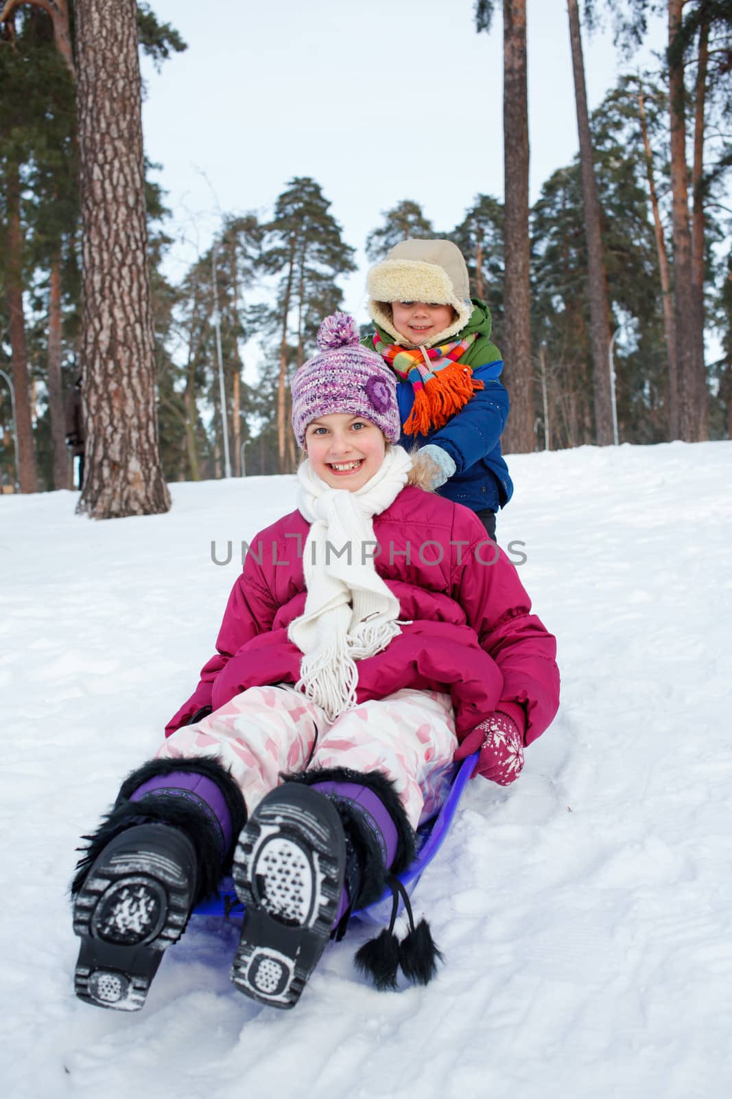 Cute sister and brother on sleds in snow forest. Focus on the boy