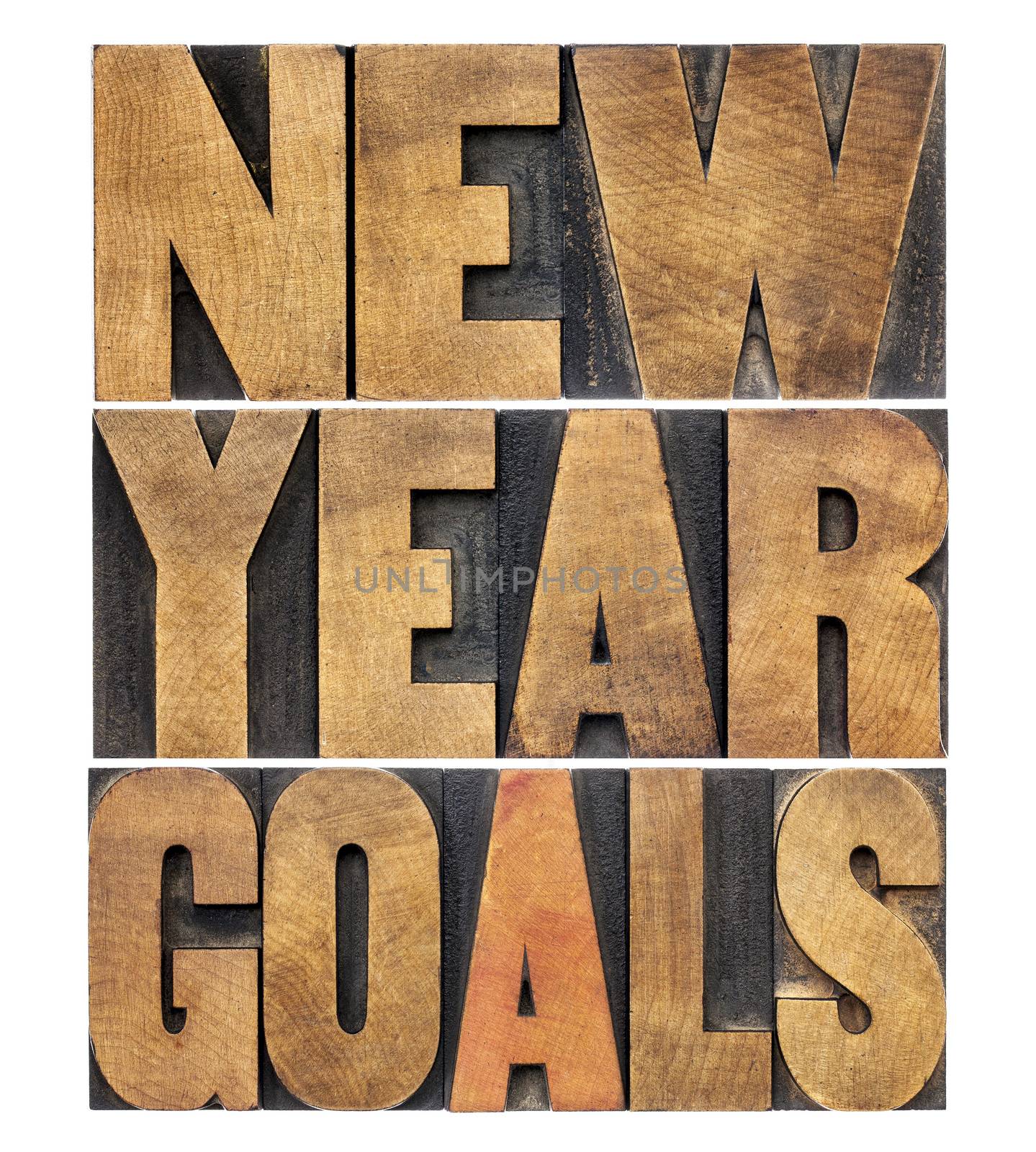 New Year goals - resolution concept - isolated text in letterpress wood type