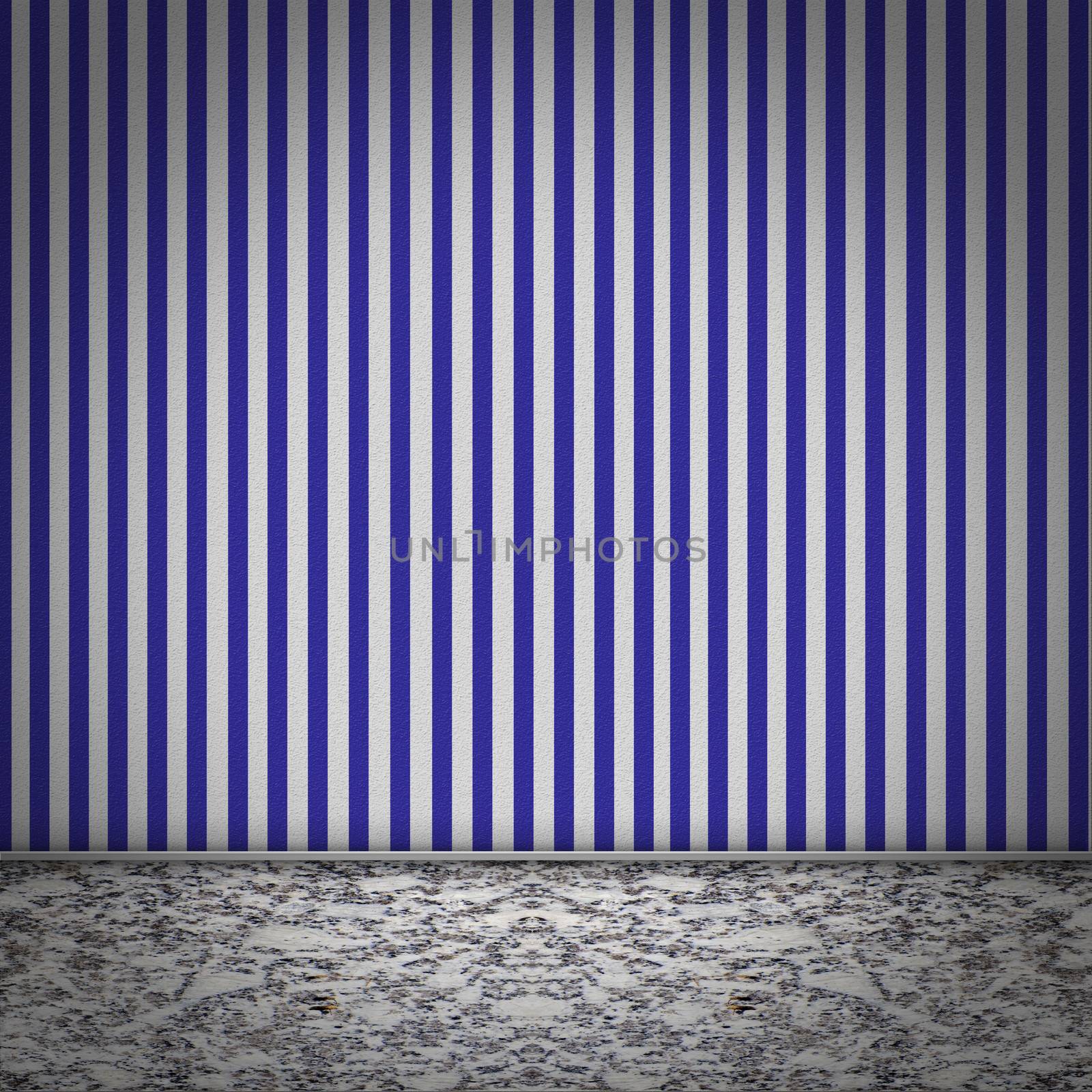 Empty room with marble floor and purple striped blue wallpaper