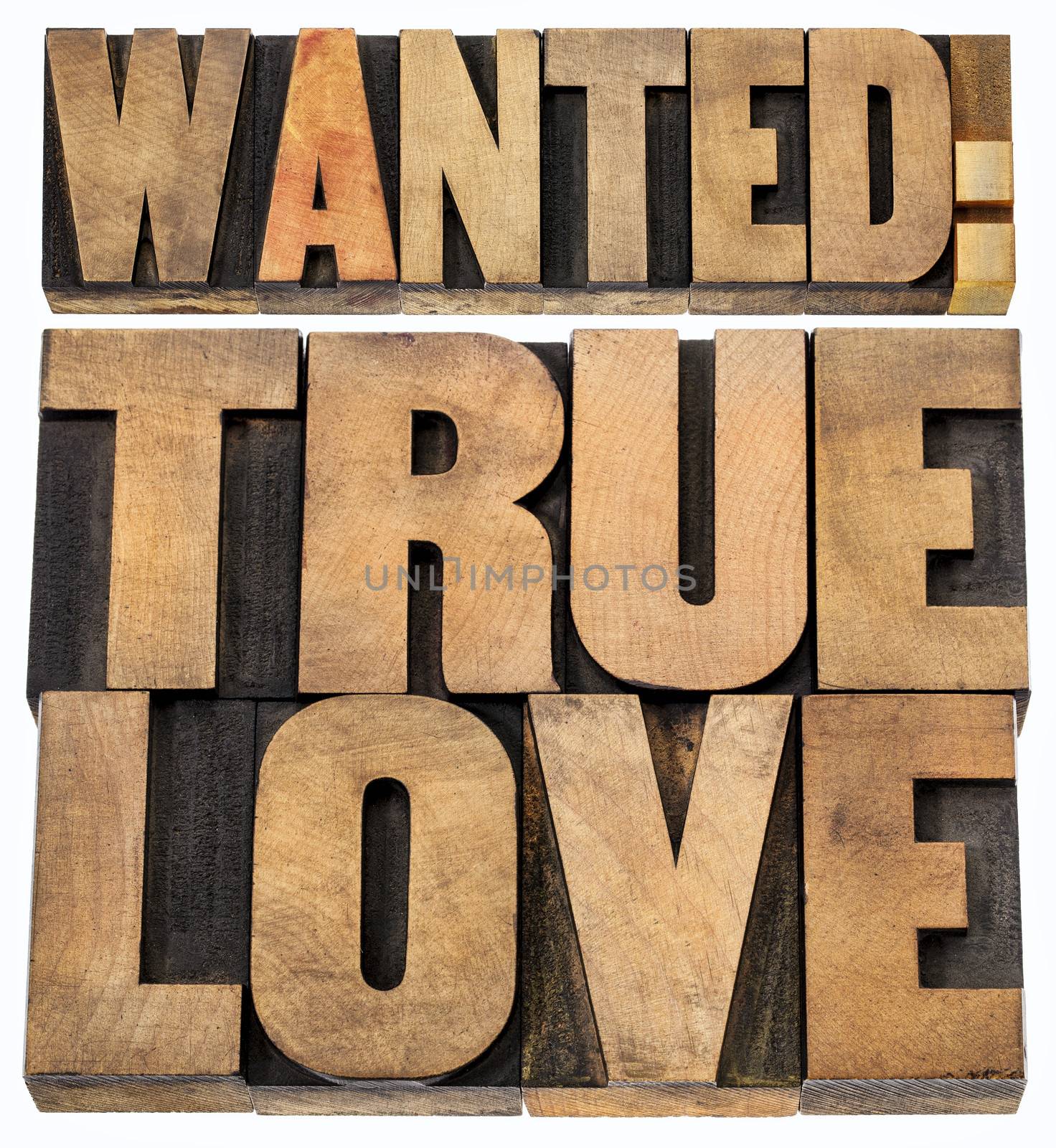 wanted true love - romance concept -isolated text in letterpress wood type blocks