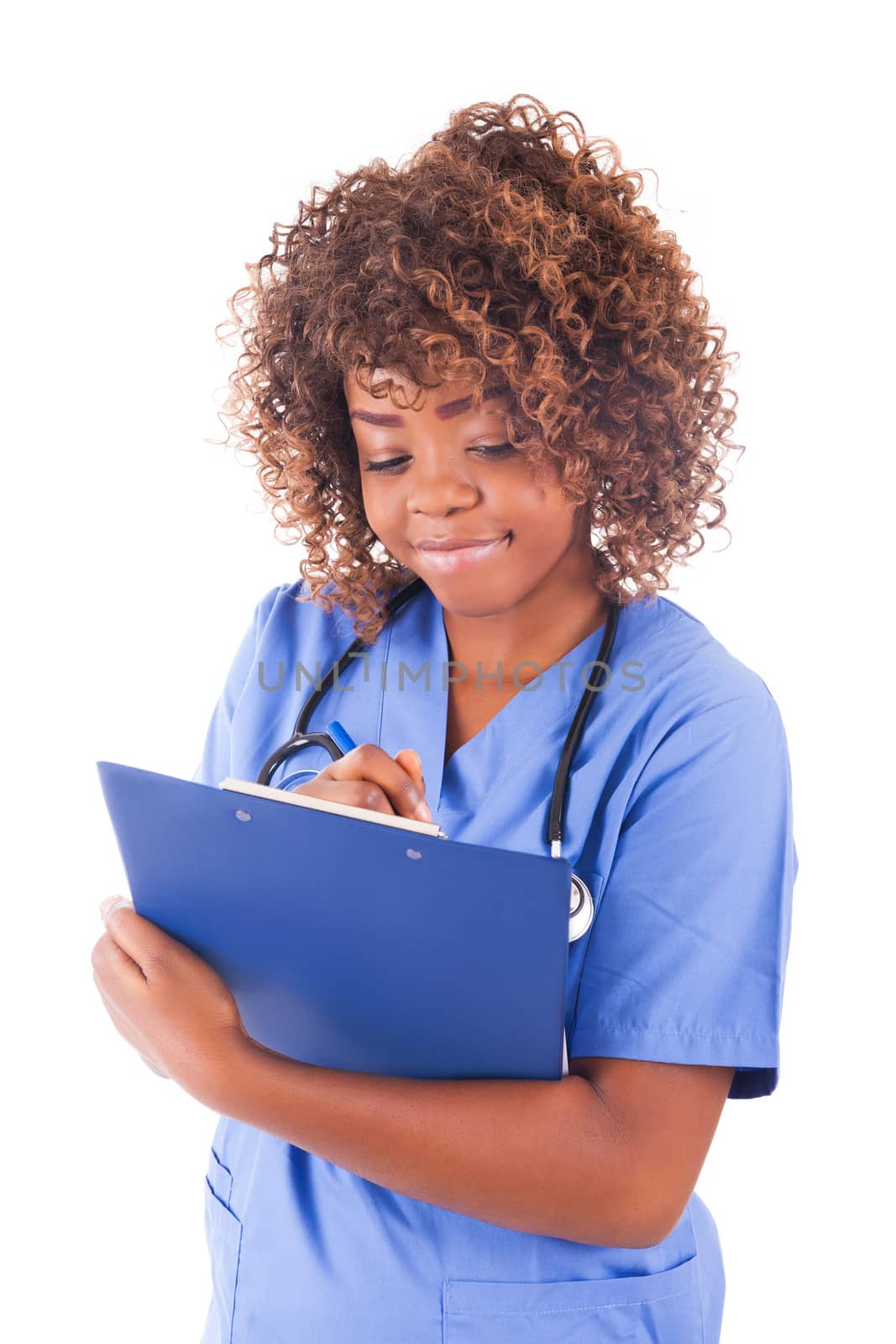 African young doctor isolated on white background