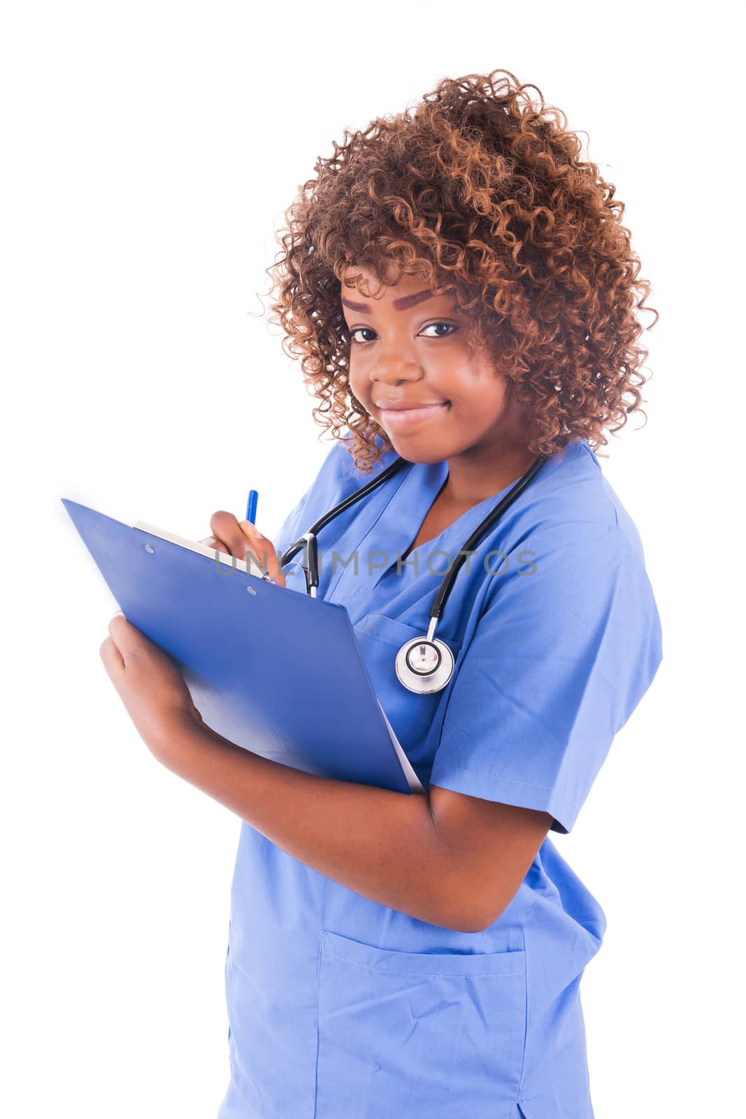 African young doctor isolated on white background