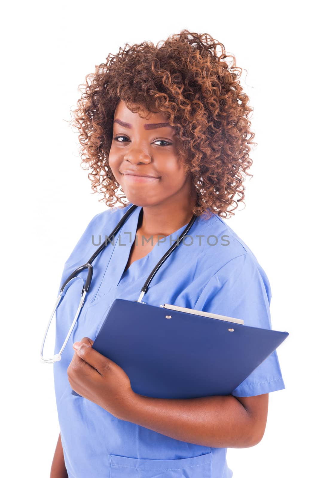 African young doctor isolated on white background