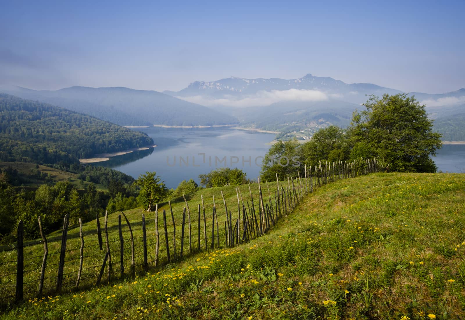rural scene of mountain and lake at summer, Romanian Carpathians