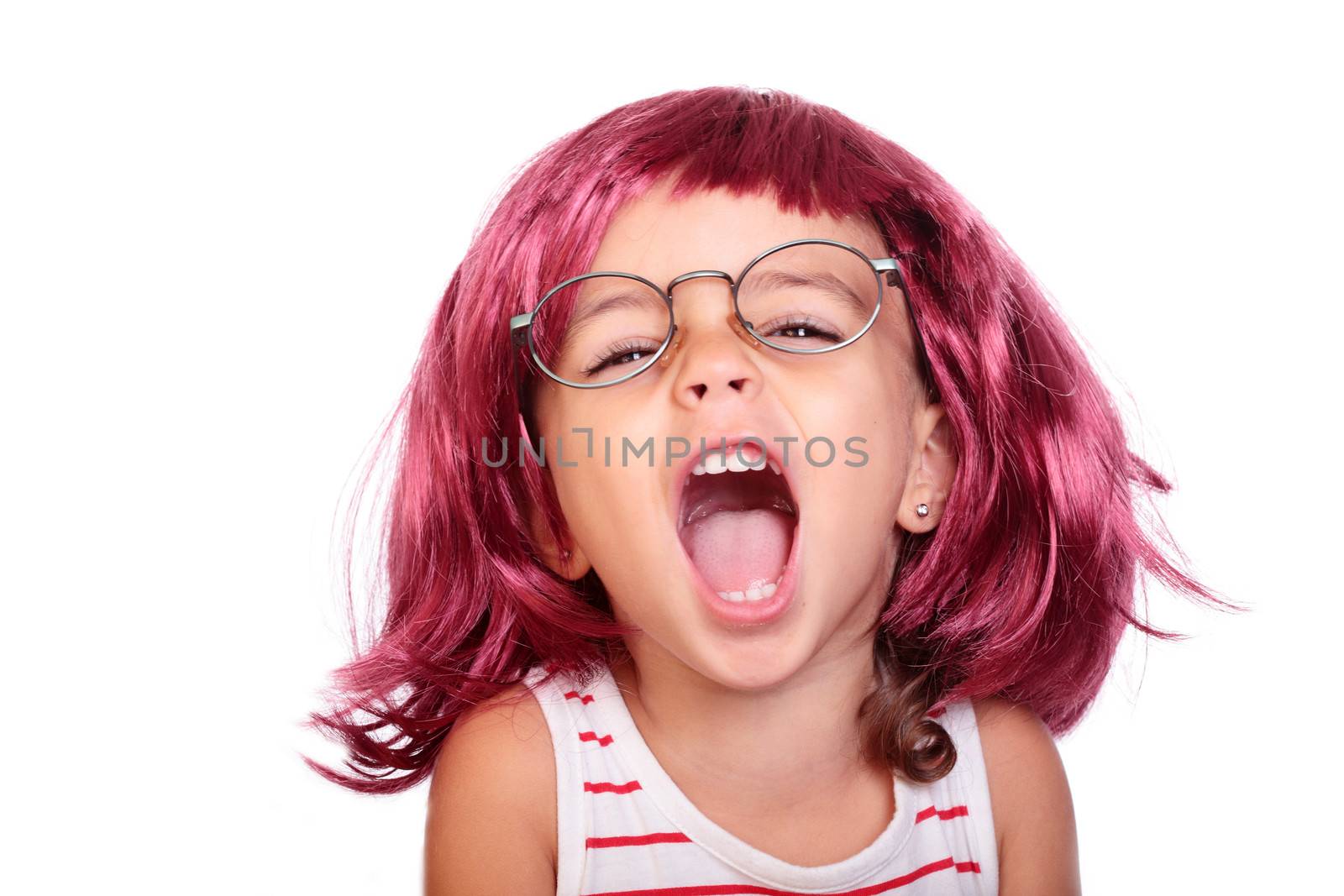 portrait of a beautiful girl with a wig screaming