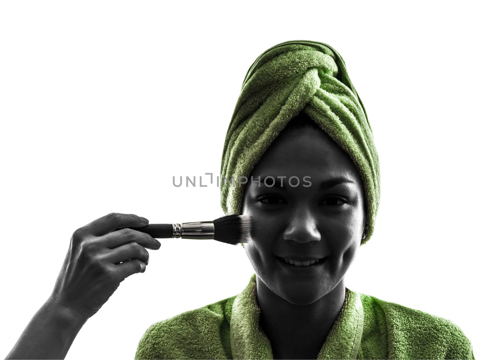 one  woman and make up brush in silhouette  on white background