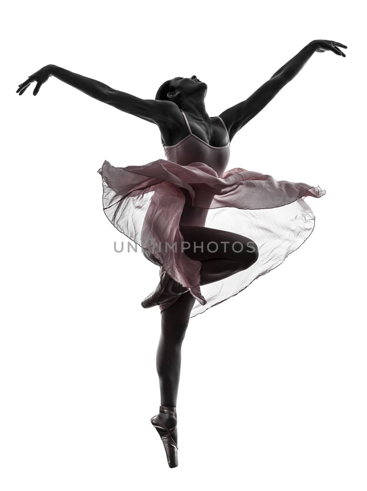 one  woman   ballerina ballet dancer dancing in silhouette on white background