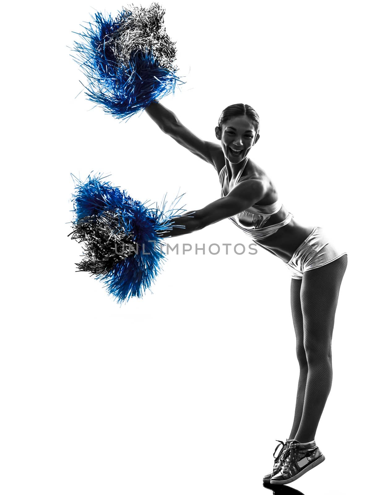 one young woman cheerleader cheerleading  silhouette studio on white background
