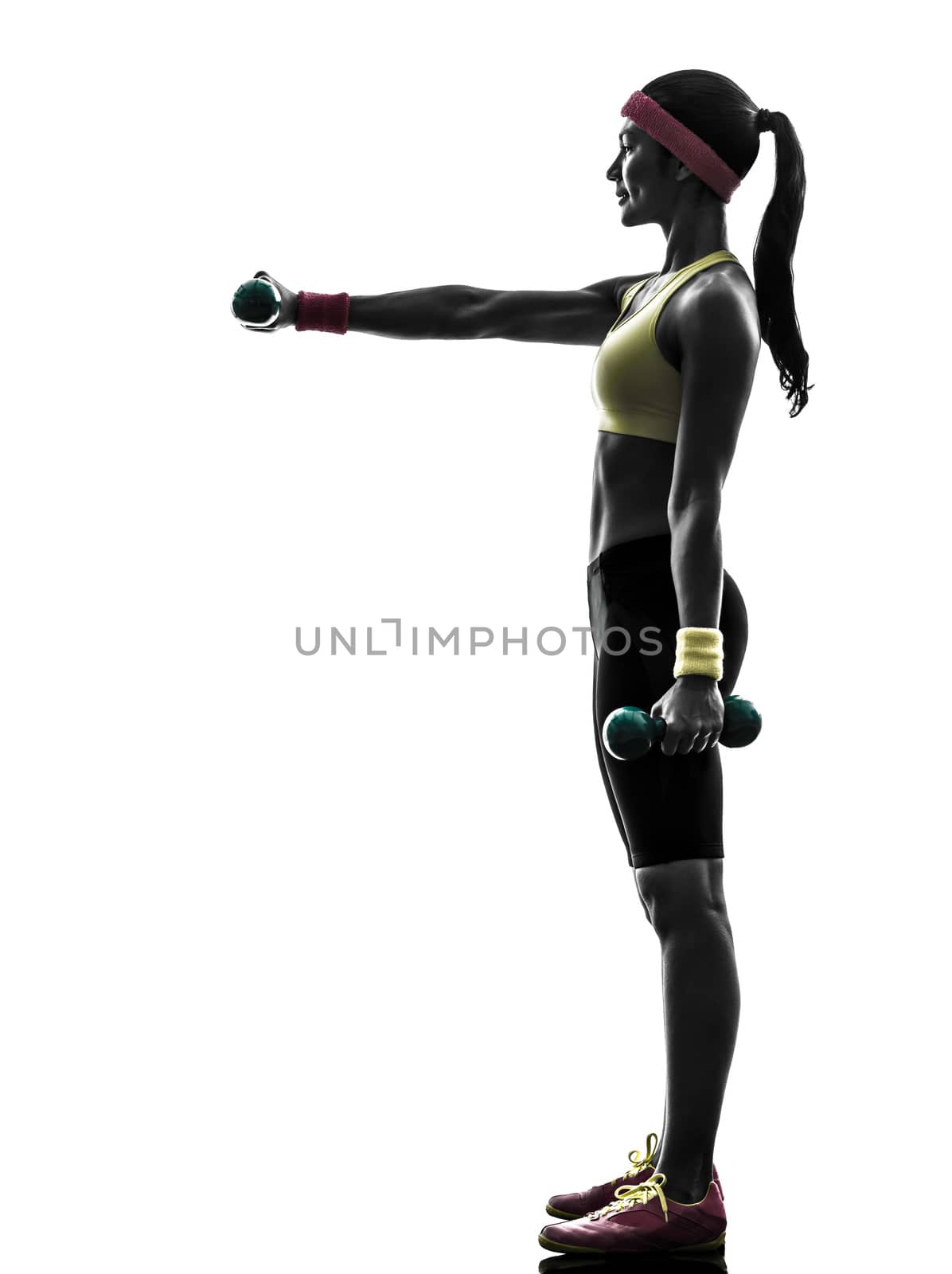 one  woman exercising fitness workout weight training in silhouette  on white background