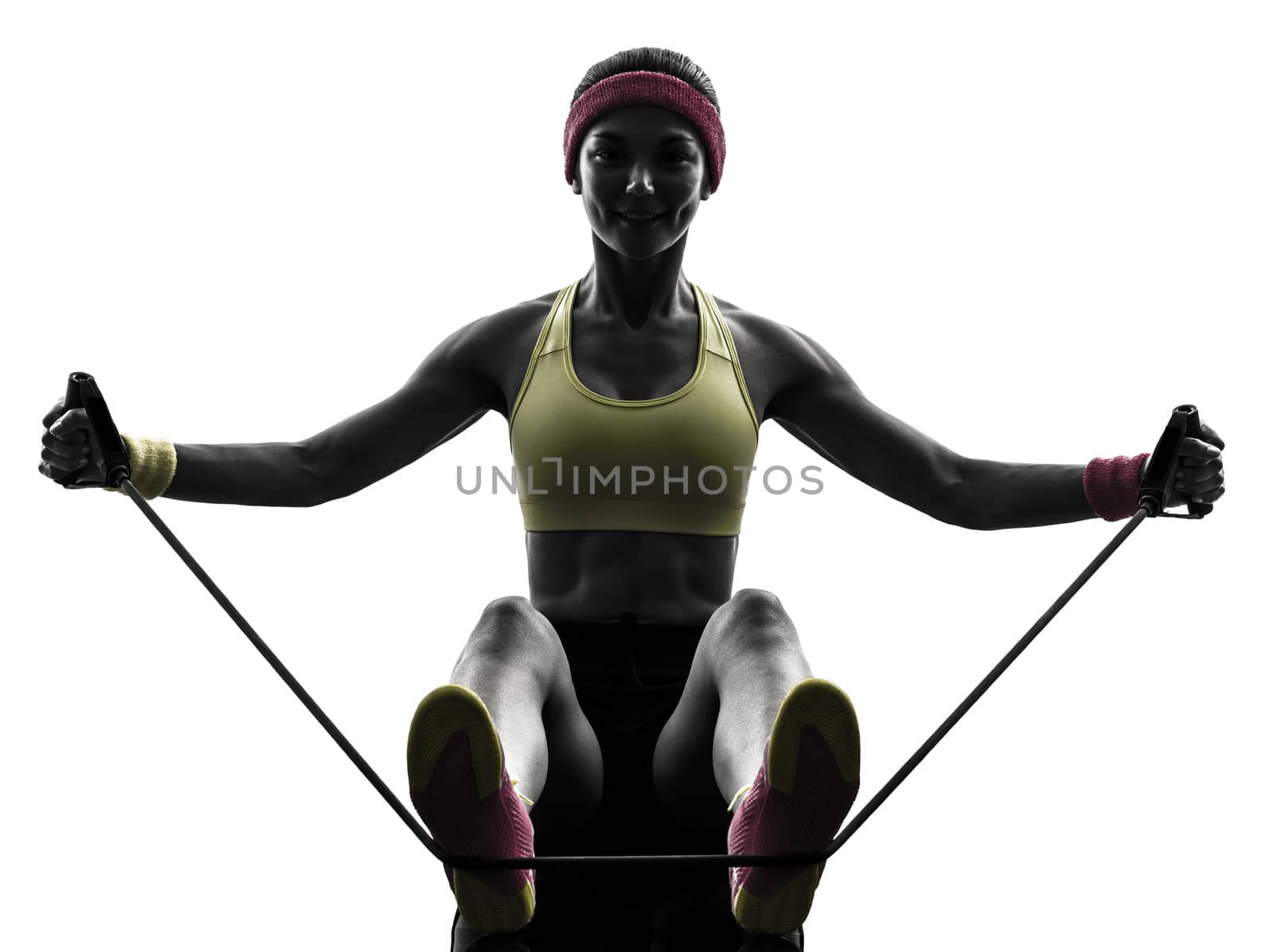 woman exercising fitness workout resistance bands silhouette by PIXSTILL