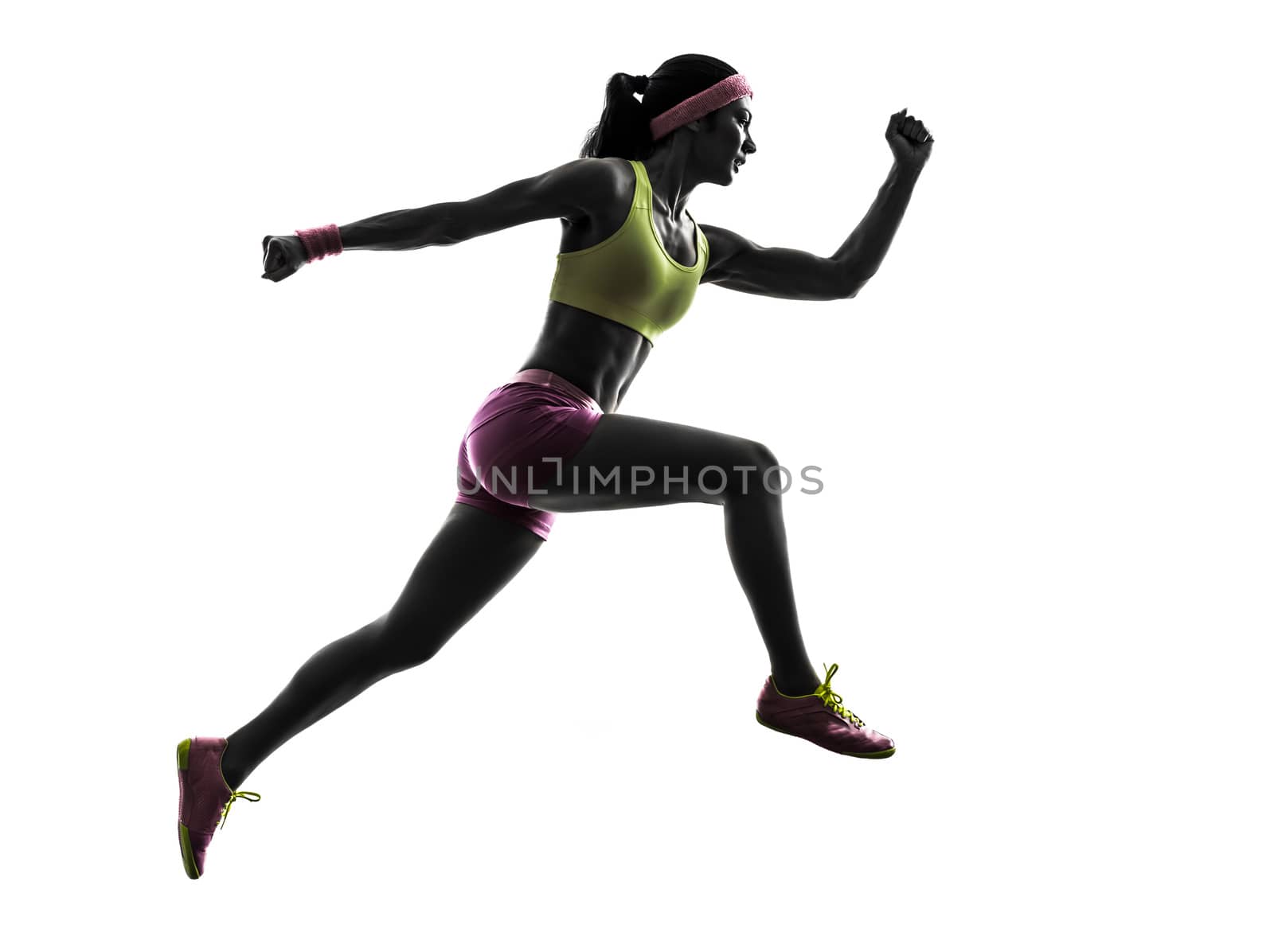 one caucasian woman runner running jumping  in silhouette on white background