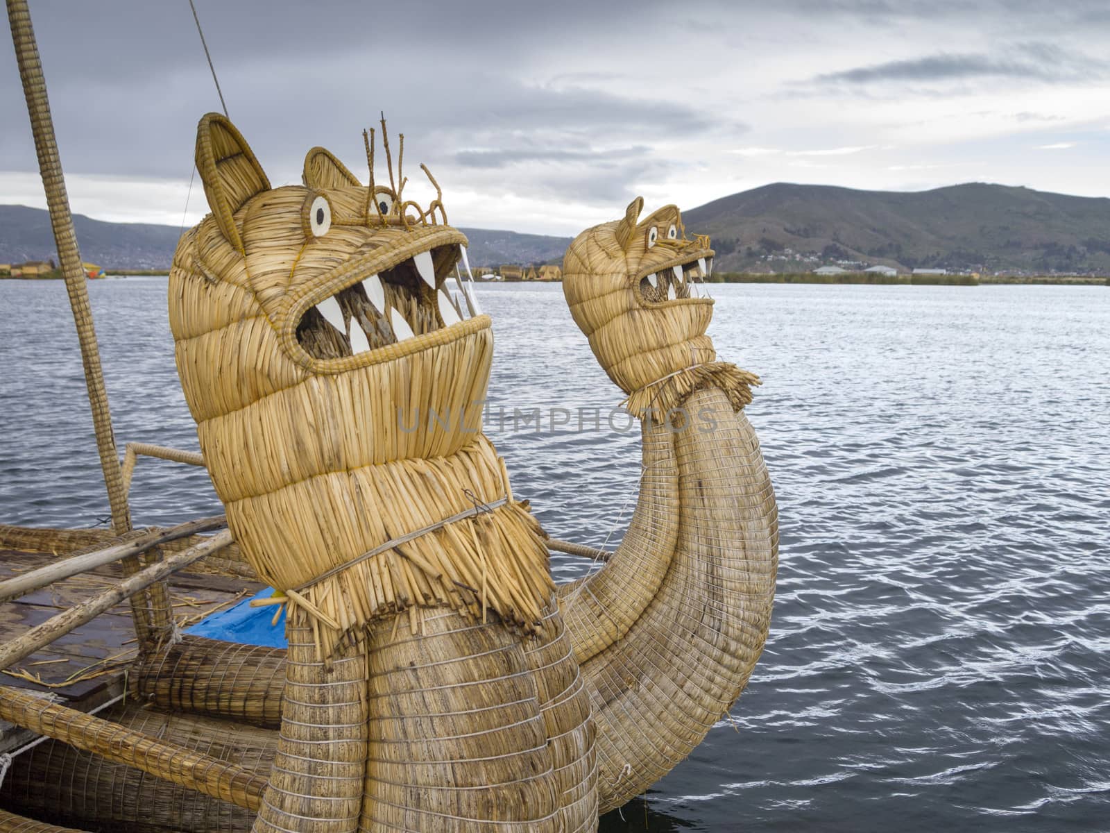 Head of floating reeds boat in Titicaca lake, Puno, Peru.