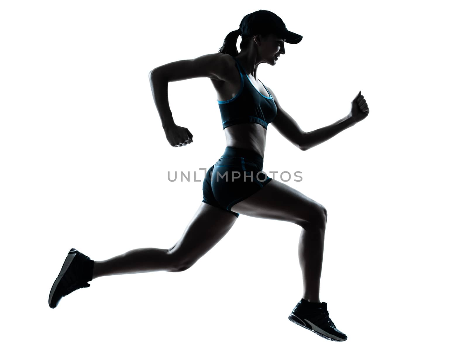 one caucasian woman runner jogger in silhouette studio isolated on white background