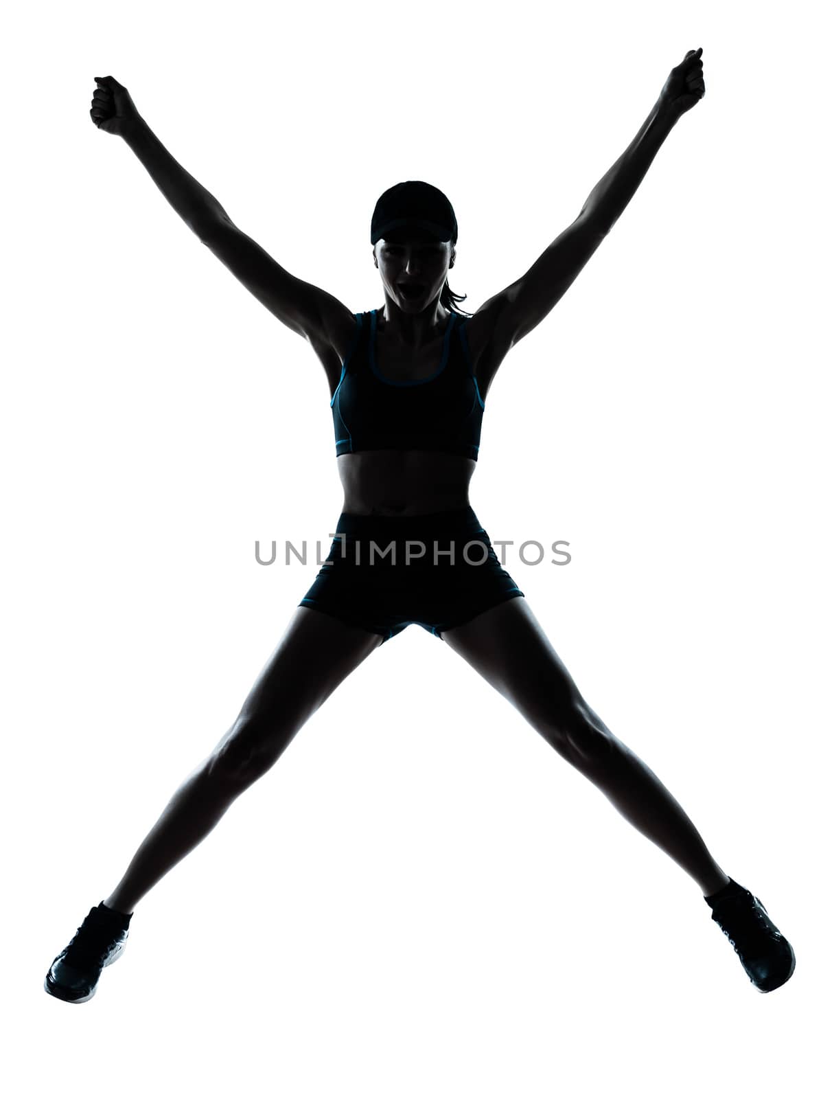one caucasian woman runner jogger jumping happy jumping in silhouette studio isolated on white background