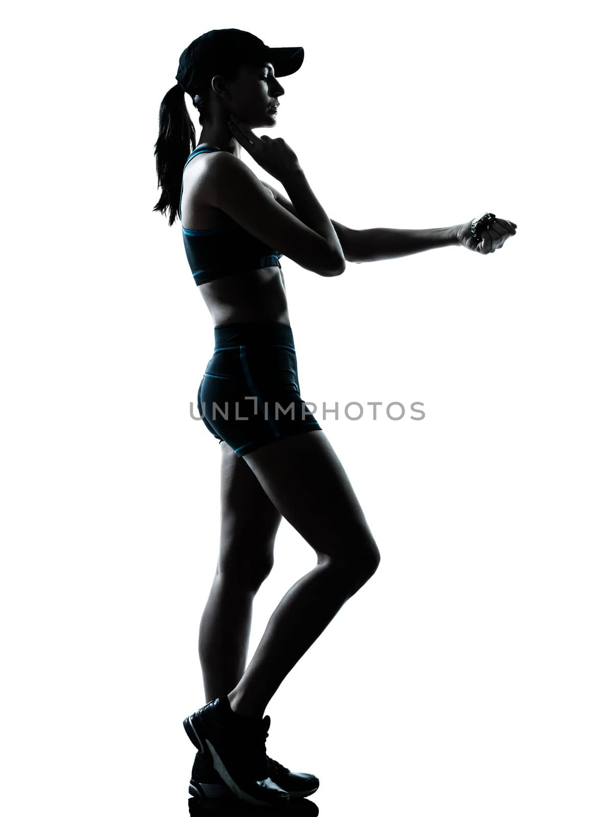 one caucasian woman runner jogger in silhouette studio isolated on white background