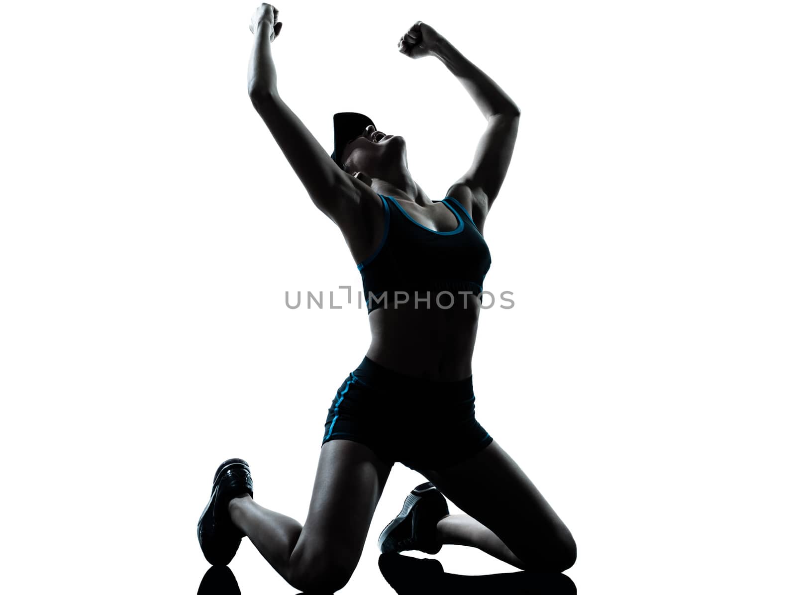 one caucasian woman runner jogger  winner victory in silhouette studio isolated on white background